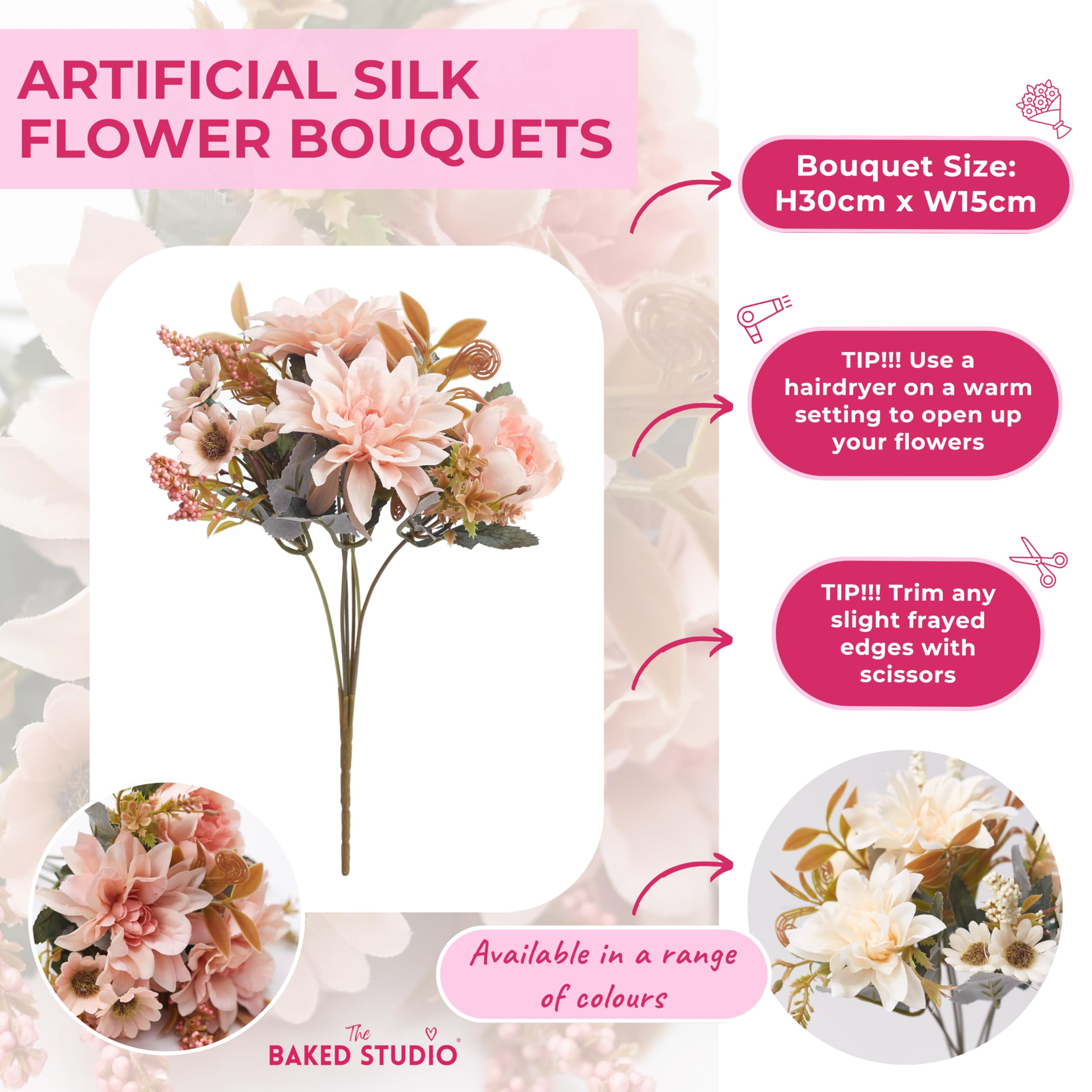 The Baked Studio Silk Artificial Flower Bouquet (Peonies, Dahlia Roses, Daises & Foilage) - Image 4