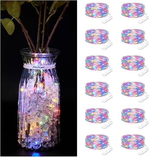 Bexdir Paquete de 12 luces de hadas de colores, luces de hadas brillantes que funcionan con pilas, 20 luces LED impermeables de 7 pies, luces de