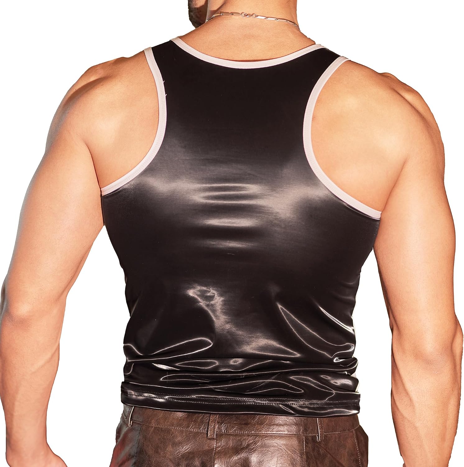 Mens Lace Tank Tops, Sexy Sheer Vests Faux Leather Sleeveless Shirts for Activewear