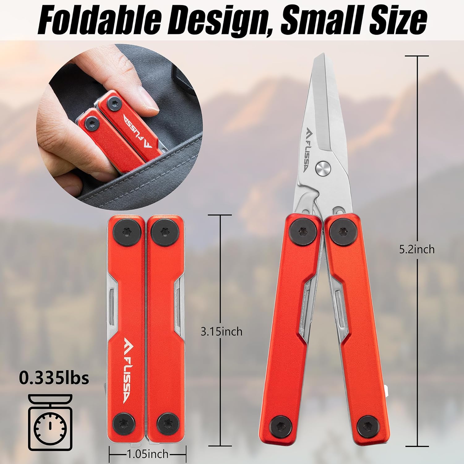 FLISSA Multitool Scissors, 11-in-1 Multi Tool Pocket Knife, Stainless Steel Mini Multitool with Bottle Opener, Screwdriver, Aluminum Handles, Spring - EDC for Outdoor, Camping, Hiking, Fishing, Red