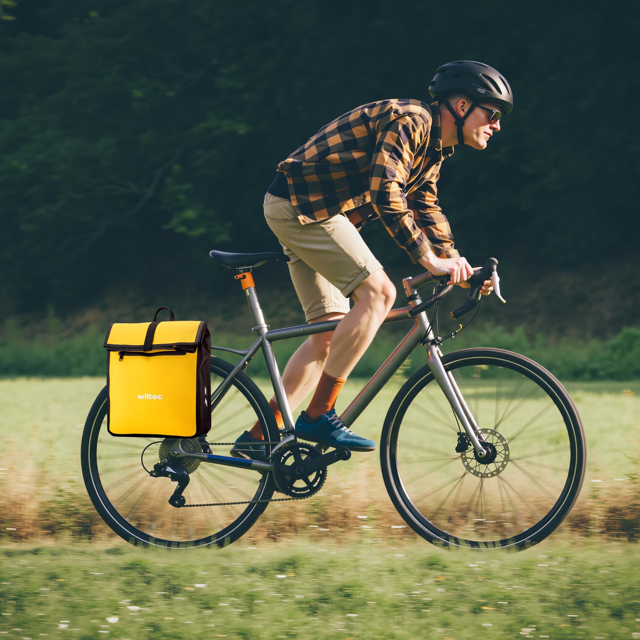 WilTec Bolsa para Bicicleta 22 L Amarilla Impermeable Material PVC y poliéster con Correa Ajustable Uso como Bandolera Ideal para portabultos Traseros Ciclismo Compras excursiones y Transporte Diario