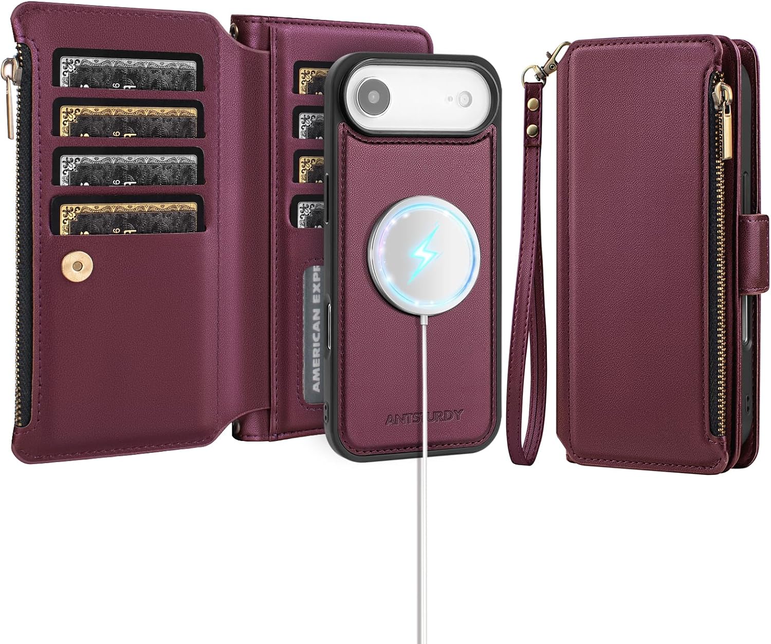 Antsturdy Compatible with Magsafe Magnetic 2 in 1 Detachable iPhone 17 Air Wallet Case with Credit Card Holder Slots,PU Leather RFID Blocking Phone Cover Wrist Strap Zipper Women Men,Wine Red