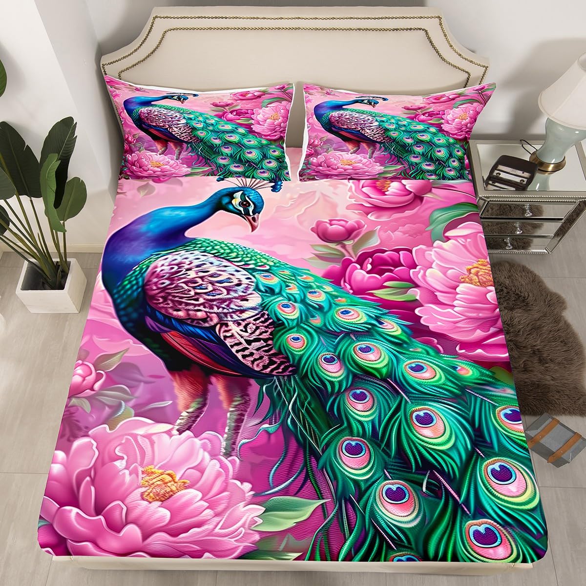 Manfei Blue Green Peacock Fitted Sheet Single Size, Pink Peony Flower Bedding Set for Kids Boy Girls Room Decor, Floral Animal Bed Cover with 1 Pillowcase, Soft Polyester Bedding