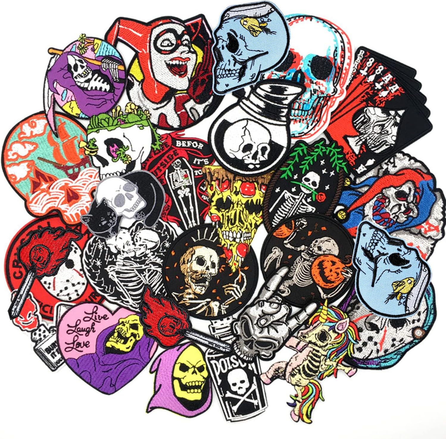 25 Pcs Skull Iron on Patches - Gothic Punk Horror Embroidered Applique, Cool Skeleton Patches for Jackets, Backpacks, Clothing - DIY Biker Aesthetic Accessories (No Duplicates)