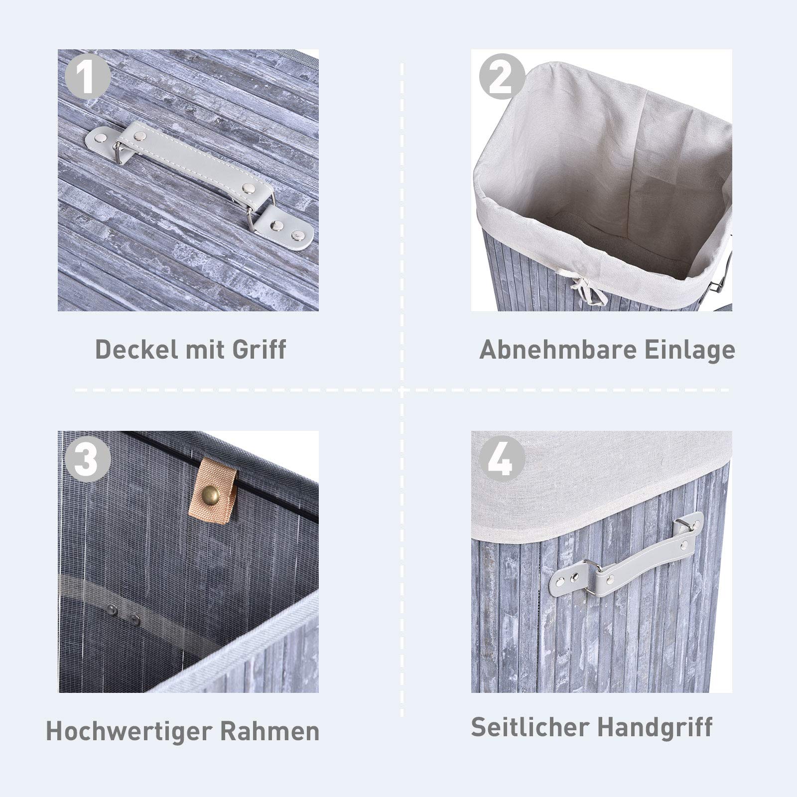 HOMCOM Bamboe wasmand met deksel, 55 liter, wasverzamelaar met handgrepen, uitneembare waszak, hoekwasbak, wasmand voor bijkeuken, badkamer, slaapkamer, grijs