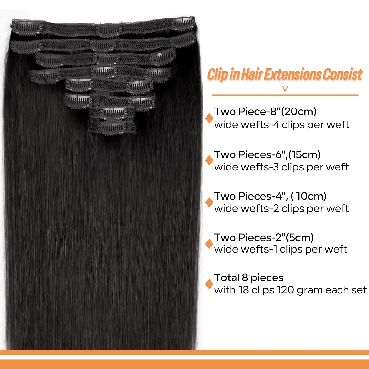 Straight Clip In Hair Extensions Real Human Hair 8Pcs Clip In Jet Black Human Hair Extensions with 18Clips Lace Weft 120g 18inch