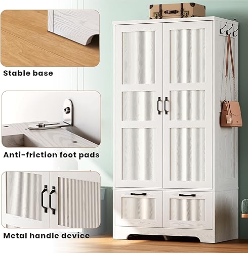 Miniatura 7 de ANCTOR Armario de Ropa, Clóset de 180 cm de Alto, Armario de Almacenamiento de Ropa de Madera con 2 Puertas y 2 Cajones, Armario Independiente