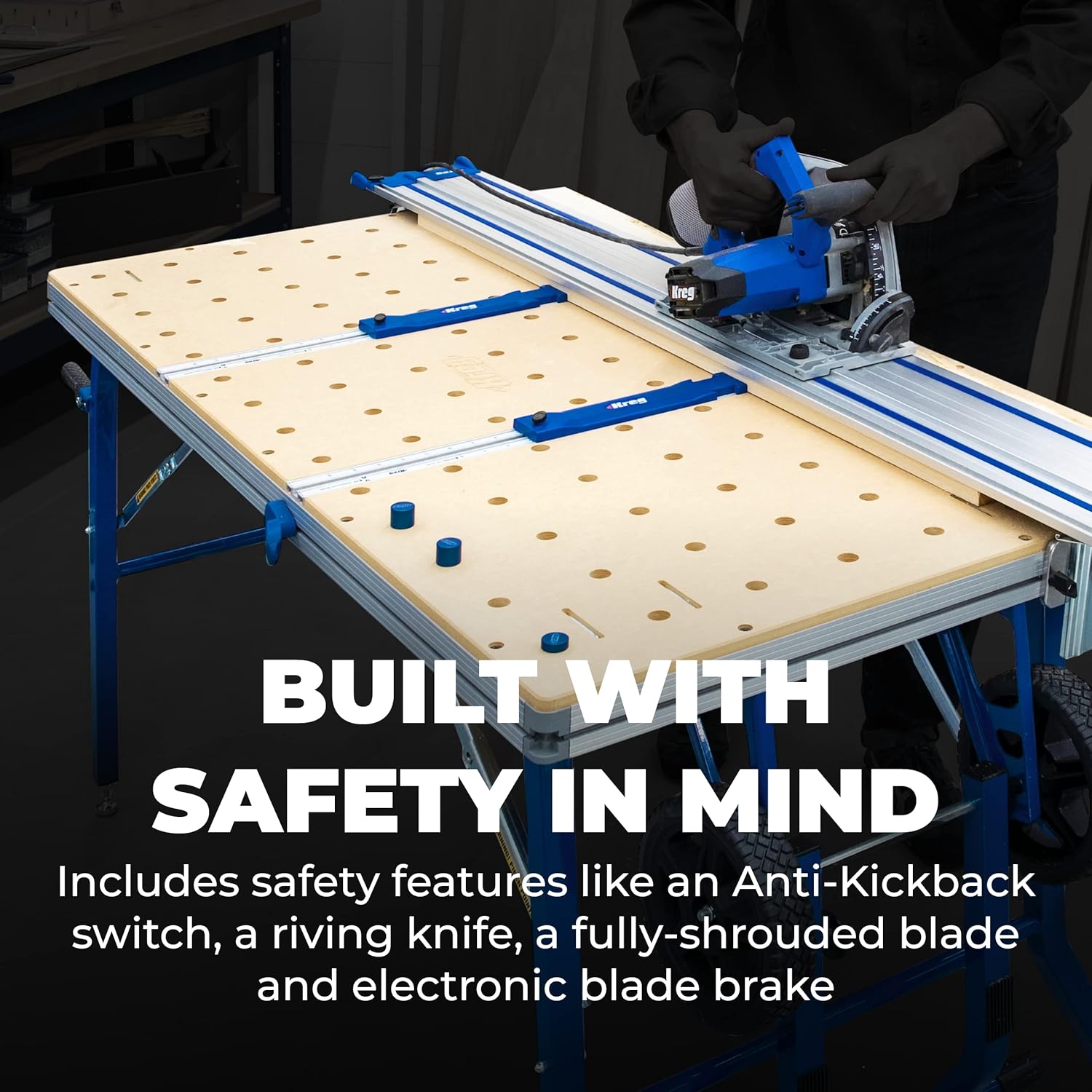 Person using Kreg Plunge Saw with safety glasses, highlighting safety features