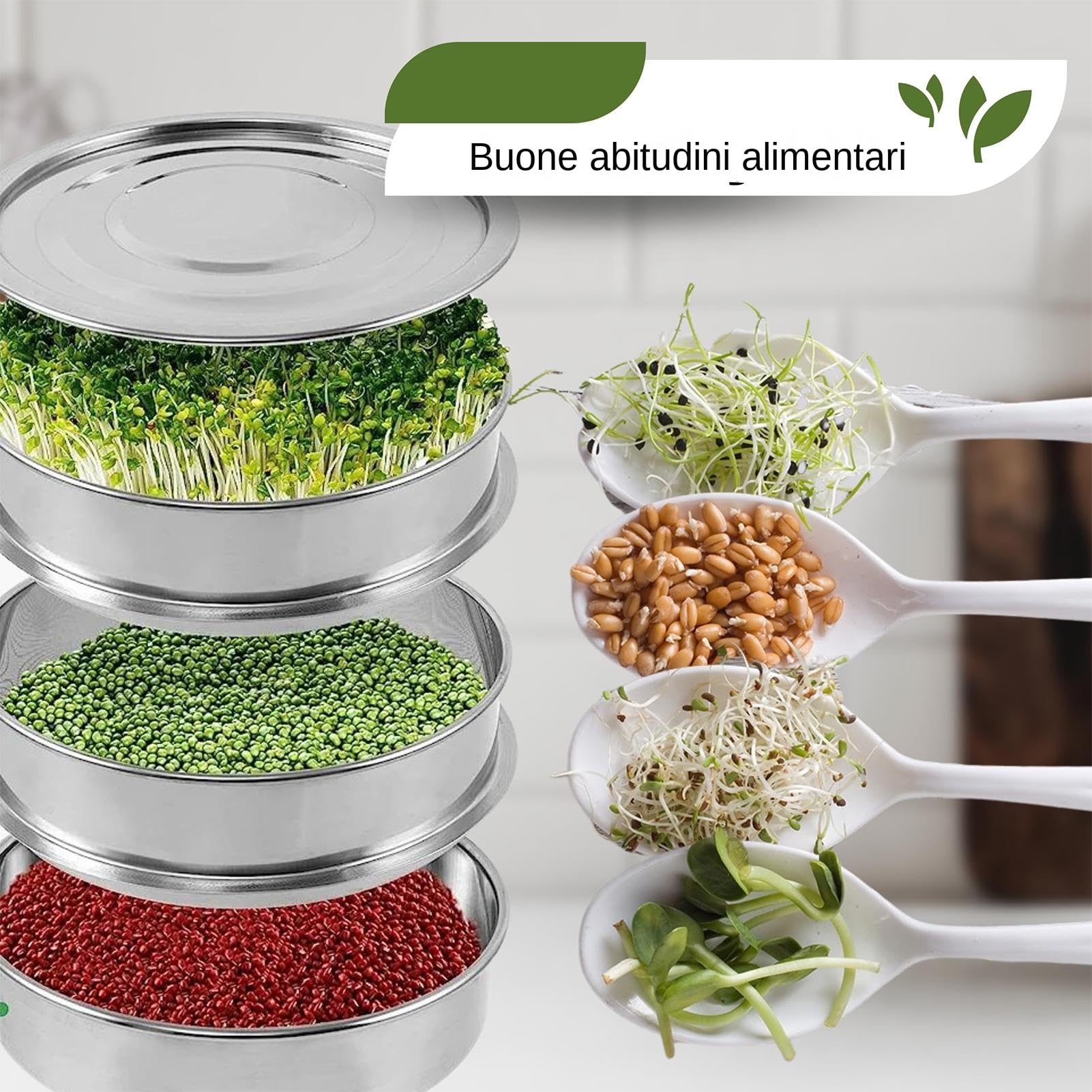 Generico Semenzaio Germinazione, Vassoio per Coltivazione di Germogli Impilabile A 3 Livelli da 7,8 Pollici, Vassoi per Germogli in Acciaio Inossidabile Kit, Vassoio per Germogliare Semi