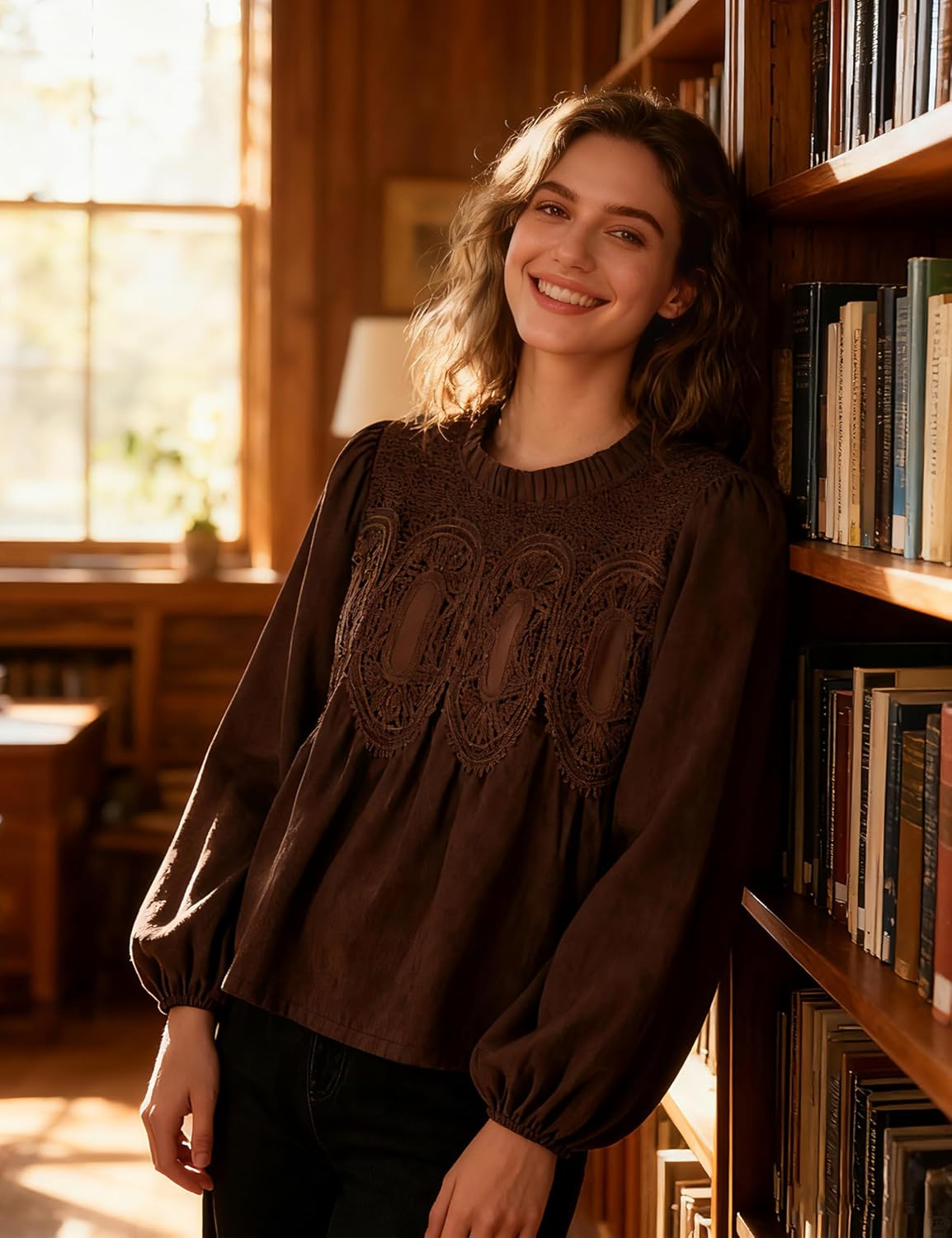 Lentta Women's Lace-Detail Suede Flared Blouse Long Sleeve Crew Neck Swing Babydoll Tops Elegant Intricate Mesh Loose Shirts - Image 7