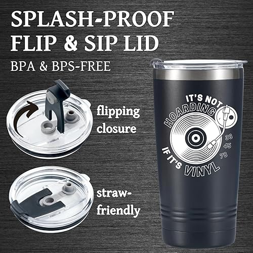 Miniatura 5 de Regalos para los amantes de los discos de vinilo, vaso aislado al vacío de 20 onzas con tapa y pajita, regalos únicos para los amantes del vinilo,