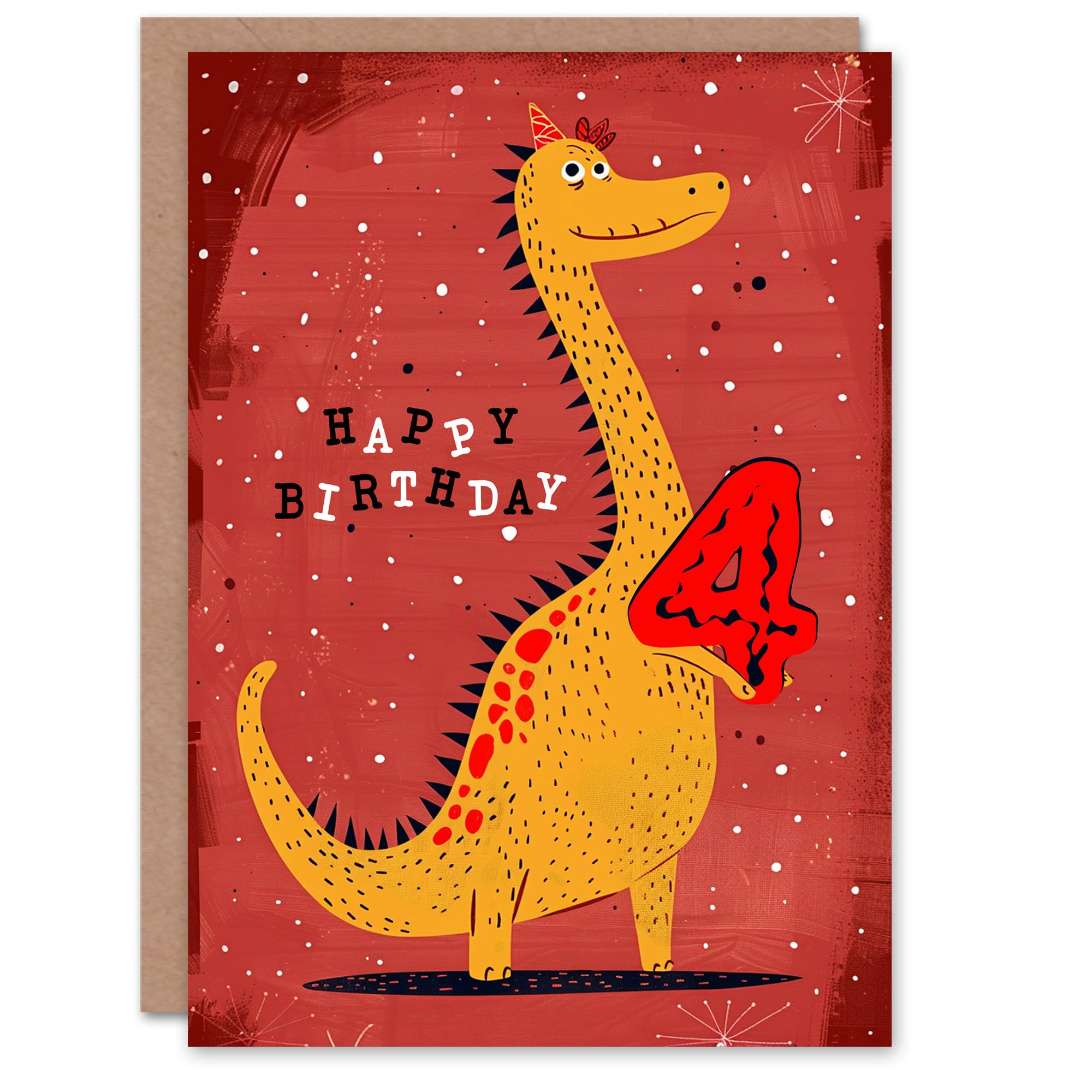 Artery8 Birthday Card Spiky Yellow Red Dinosaur Cartoon Cute 4th 4 Year Old For Child Kids Son Daughter Greeting Card