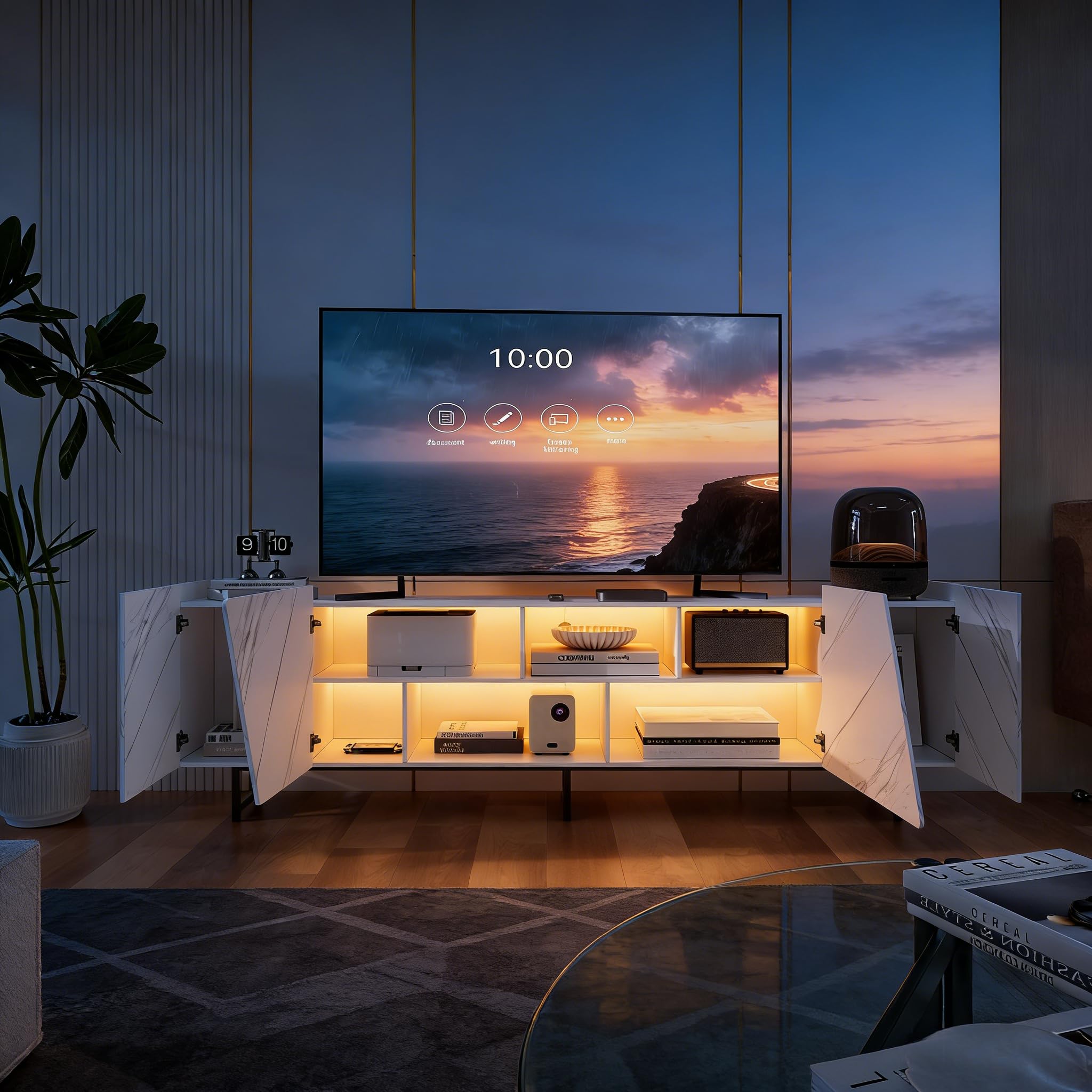 Meuble TV 220 cm avec éclairage LED RGB, Meuble TV Effet marbre avec 4 Portes et étagères Ouvertes, Meuble télévision Moderne avec Pieds en métal pour Salon
