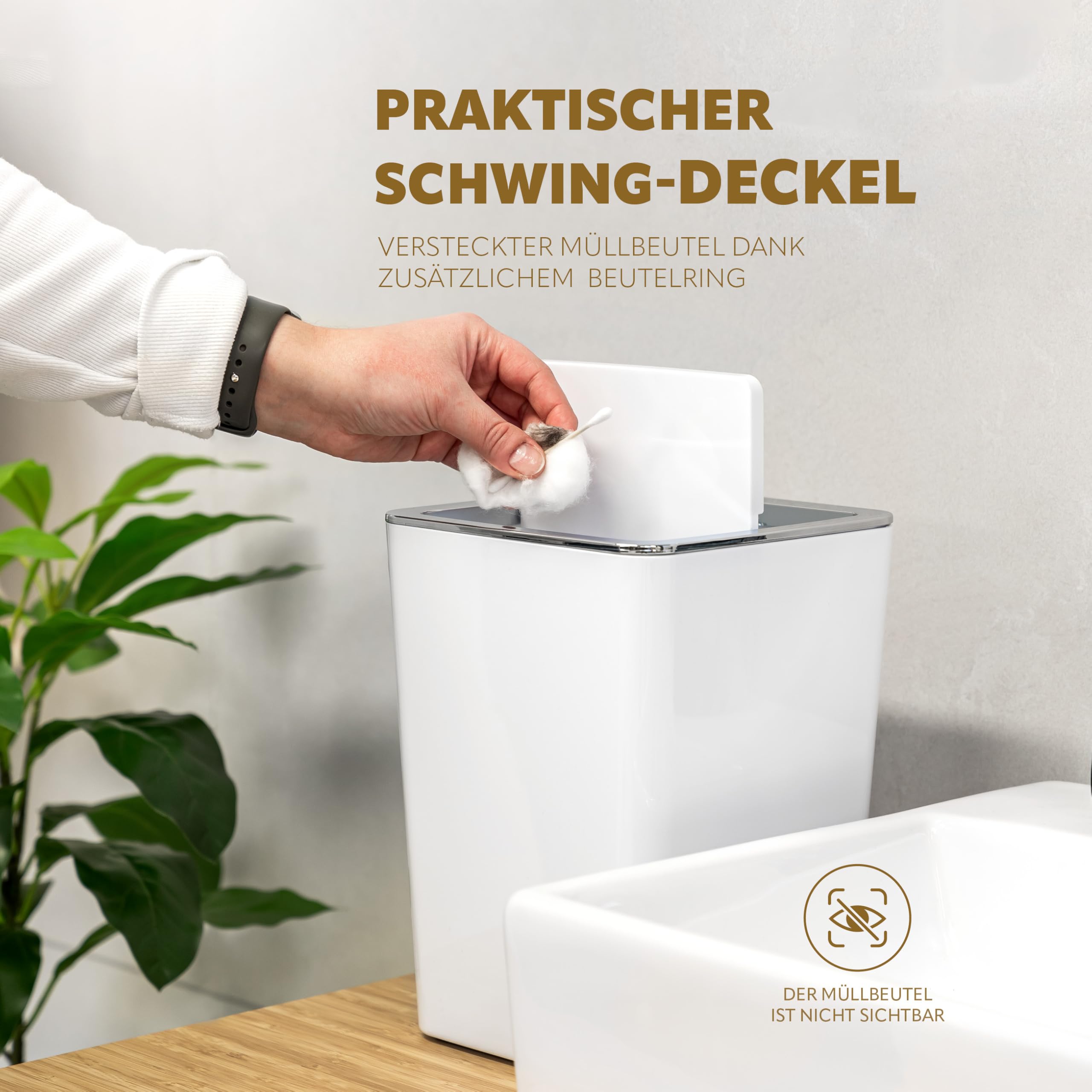 bremermann eckiger Kosmetikeimer SAVONA mit Schwingdeckel & EVA Pads, inkl. Wandhalterung zum Kleben oder Bohren, für Gäste-WC und Badezimmer aus Kunststoff, 6 Liter Fassungsvermögen, weiß