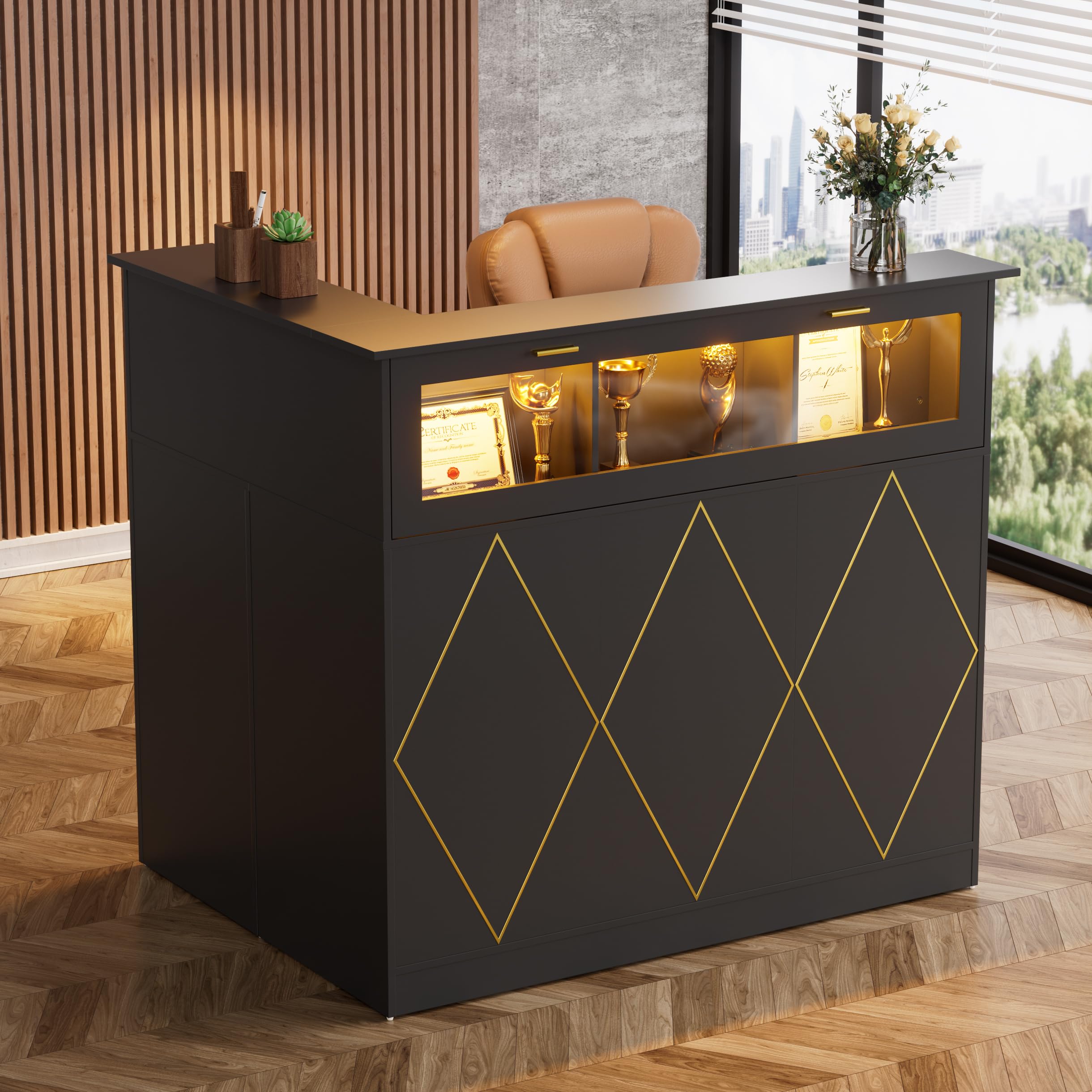 MSFE Reception Counter with LED, Reception Desk L with Drawers and Cabinets, Modern Shop Counter Reception Aesthetic Cash Counter for Hotel, Office, Beauty Center, 126 x 93 x 111 cm (Black)