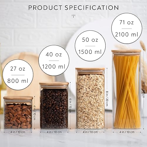 Miniatura 5 de Laramaid Tarro cuadrado de vidrio de 51 onzas, tarro de almacenamiento con tapa de bambú y anillo de sellado, recipientes de almacenamiento de
