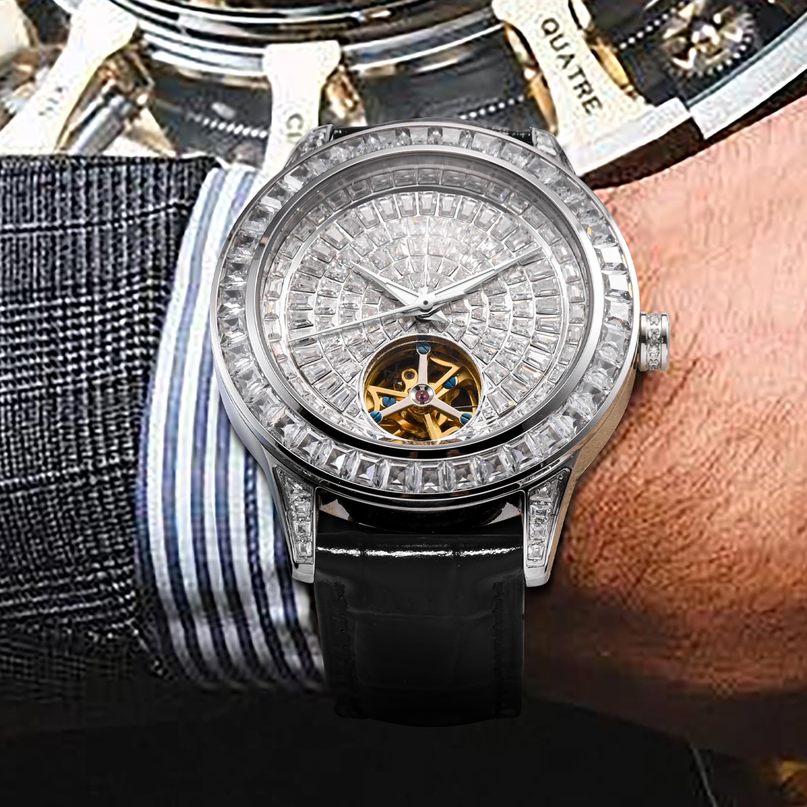 Strassverzierte Herrenuhr Automatik, Lederarmband Automatik Uhr Herren, Hochwertige Uhren Herren mit Glänzendem Strass Design, Automatikuhr Herren