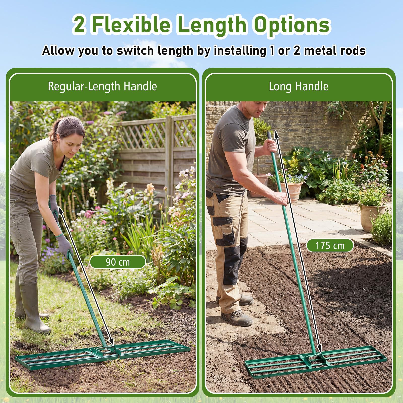 Rastrillo paisajístico de aluminio de 91 cm (36''), rastrillo de jardín de 91 cm (36 púas) con mango de 173 cm (68") y cabezal de doble cara, herramienta resistente para rastrillar arena y tierra,