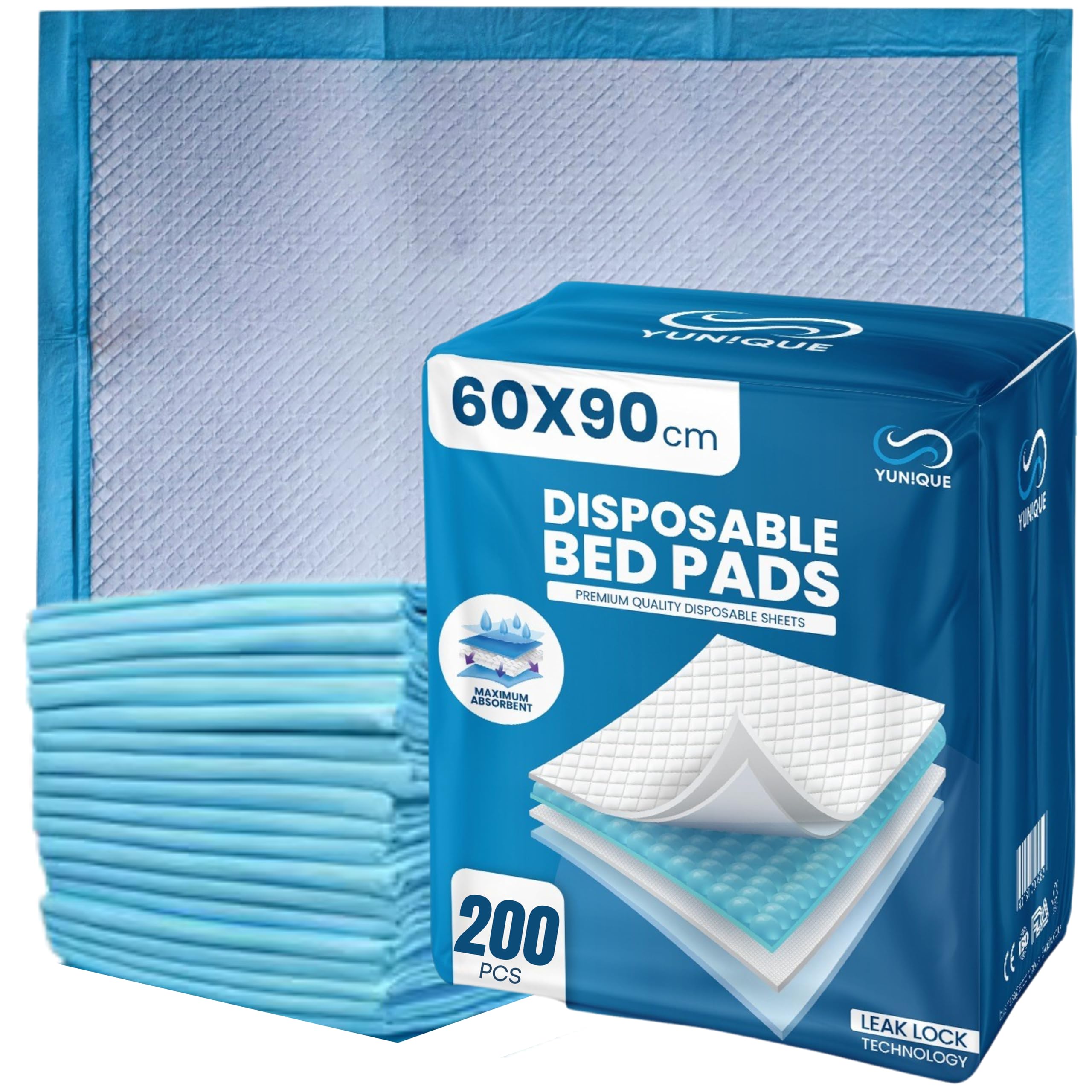 200xYUN!QUE Disposable Incontinence Bed Pads 60 x 90cm | Highly-Absorbent Incontinence Bed Sheets | Waterproof Incontinence Sheets for Sofa, Mattress, Chair & for Babies, Children, Adults, & Elderly.