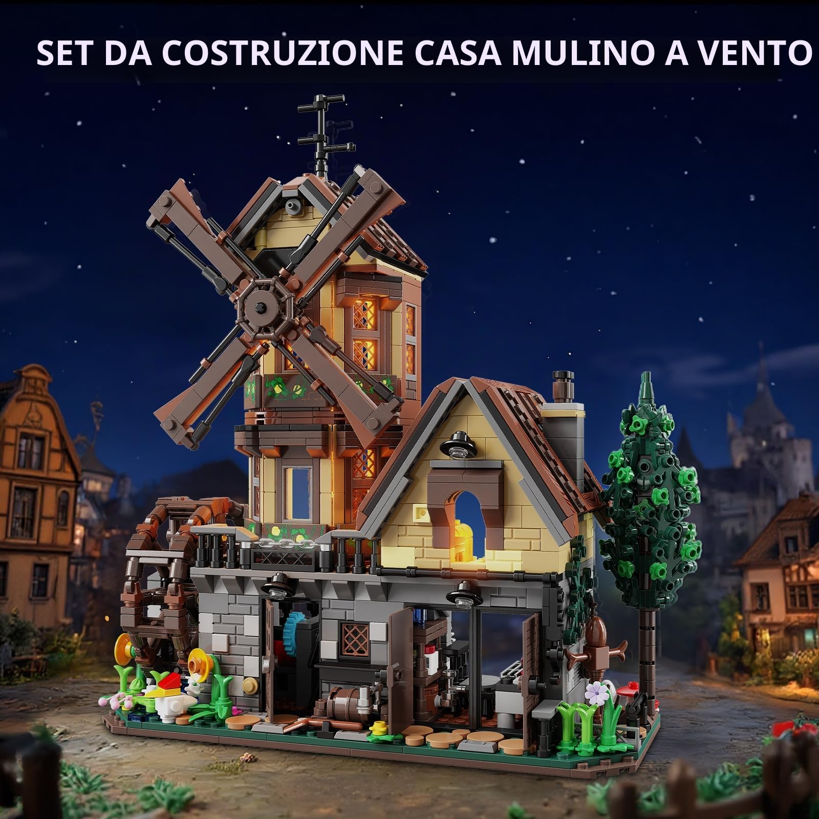 TYCOLE Set di Mattoncini 1436 Pezzi - Cabin di Legno con Luci LED, Mulino a Vento e Ruota ad Acqua Meccanici - Casa Modello di Costruzione per Adulti e Bambini