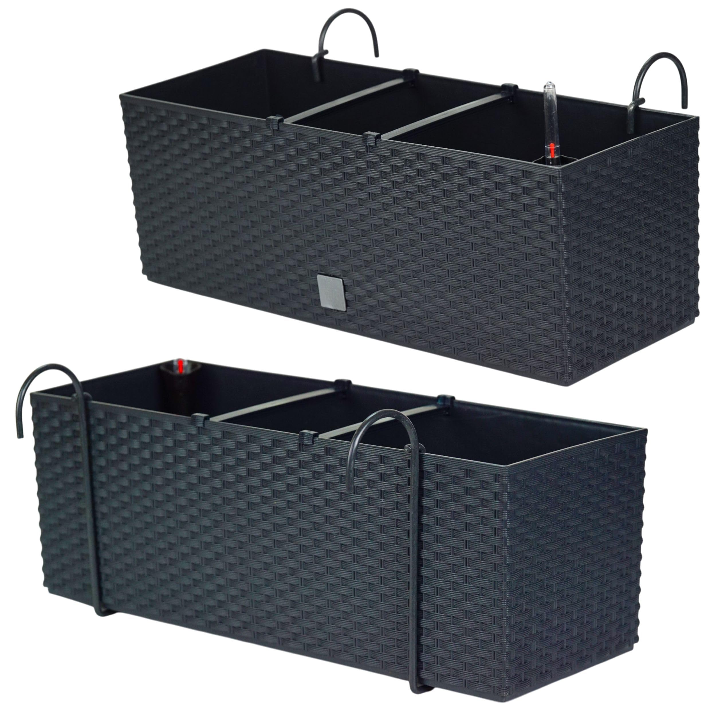 Blumenkasten Balkon Set 6 X 51x19x18,5 cm | Balkonkasten in Rattanoptik | Pflanzkasten mit Griff, Halterungen und Bewässerungssystem | Blumentöpfe für Terrasse | Pflanzkübel in edlem Design |Anthrazit