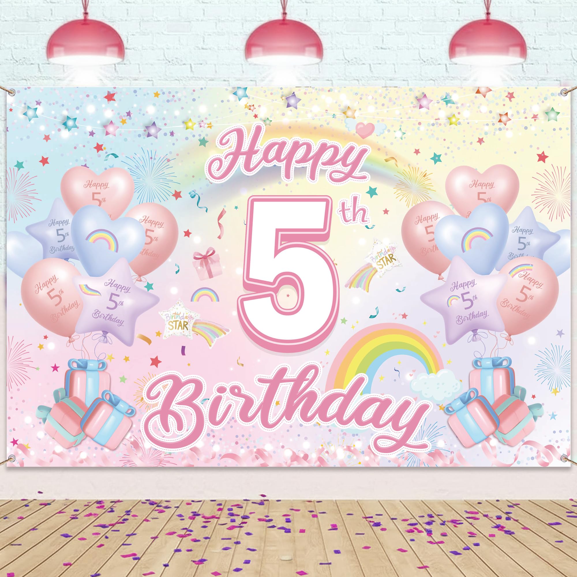 Happy 5th Birthday Banner, Rainbow Backdrop Decorations for Girls Boys