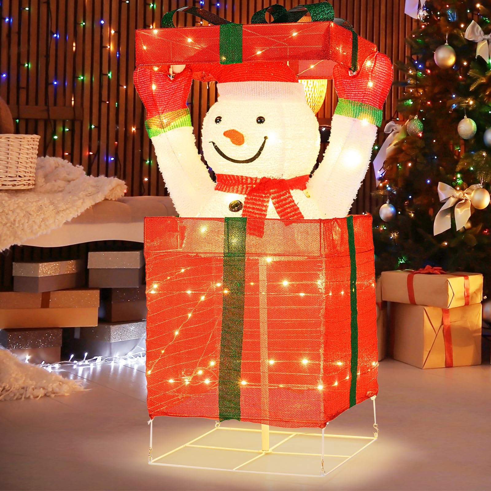 SOARS Decoration Noel, Bonhomme de Neige en Boite Cadeau 115 CM, 100 LED | 100 Lumières LED Blanc Chaud, Piquets & Attaches, Decoration Noel Exterieur Interieur Maison pour Salon, Cour, Jardin, Sapin