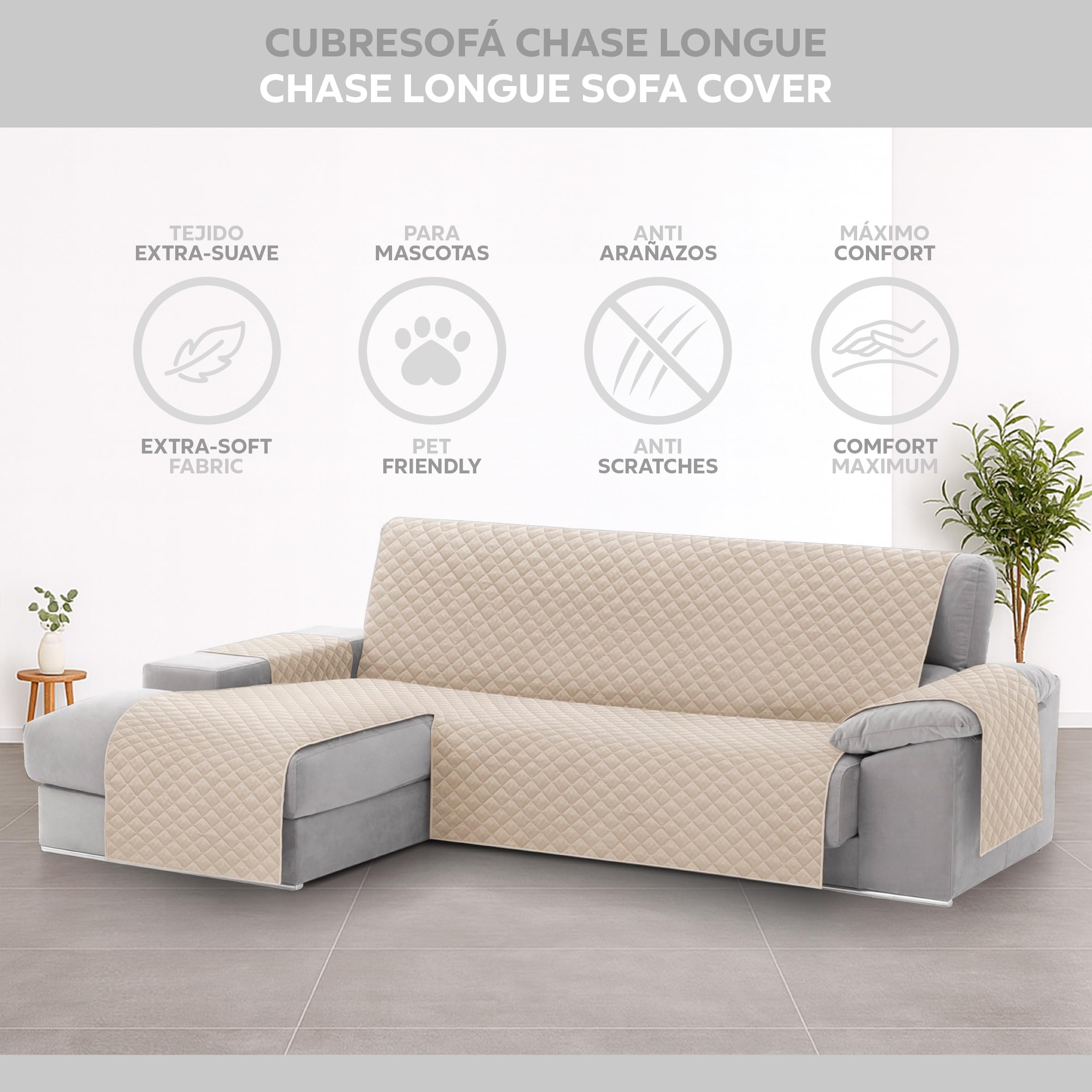 Textilhome Copridivano Chaise Longue con Penisola Malu 240cm – Salvadivano Trapuntato Universale con Bracciolo Sinistro, Protezione per Animali Domestici, Colore Avorio (Visto da Davanti)