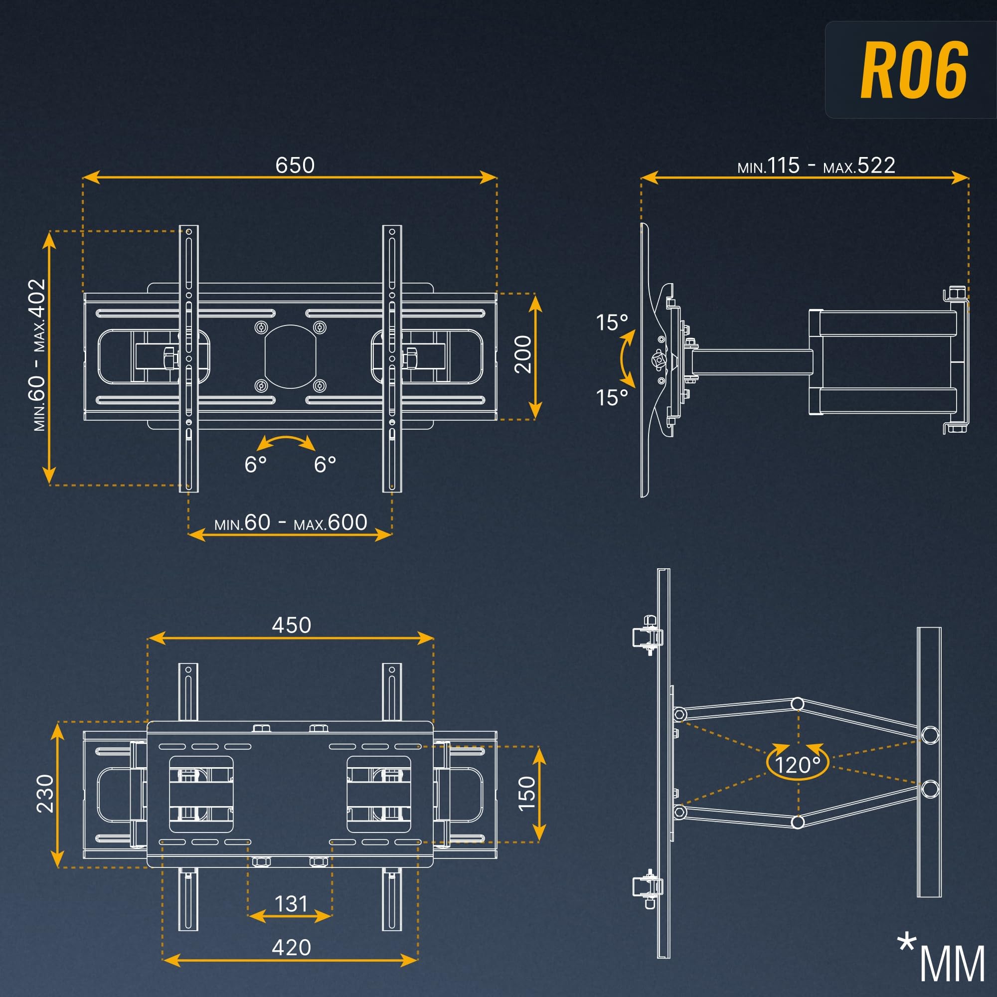 RICOO R06 Supporto TV da parete Staffa TV 40-85 pollici per 40 75 85 pollici orientabile inclinabile fino a 95 kg max VESA 600x400