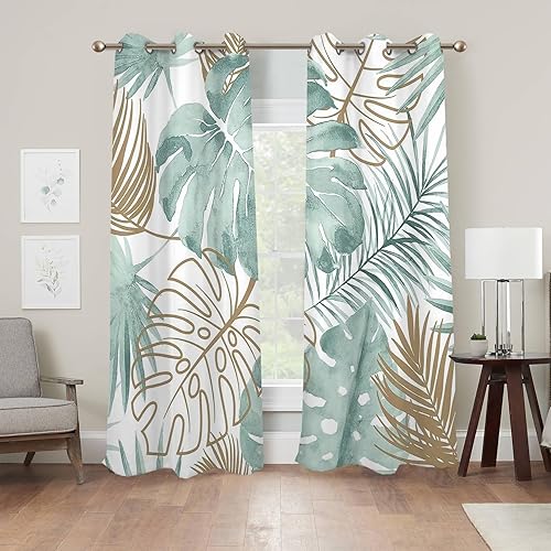 Miniatura 3 de Renaiss Cortinas opacas de hojas tropicales, hojas de Monstera de palmera verde, con aislamiento térmico, para dormitorio, plantas botánicas,