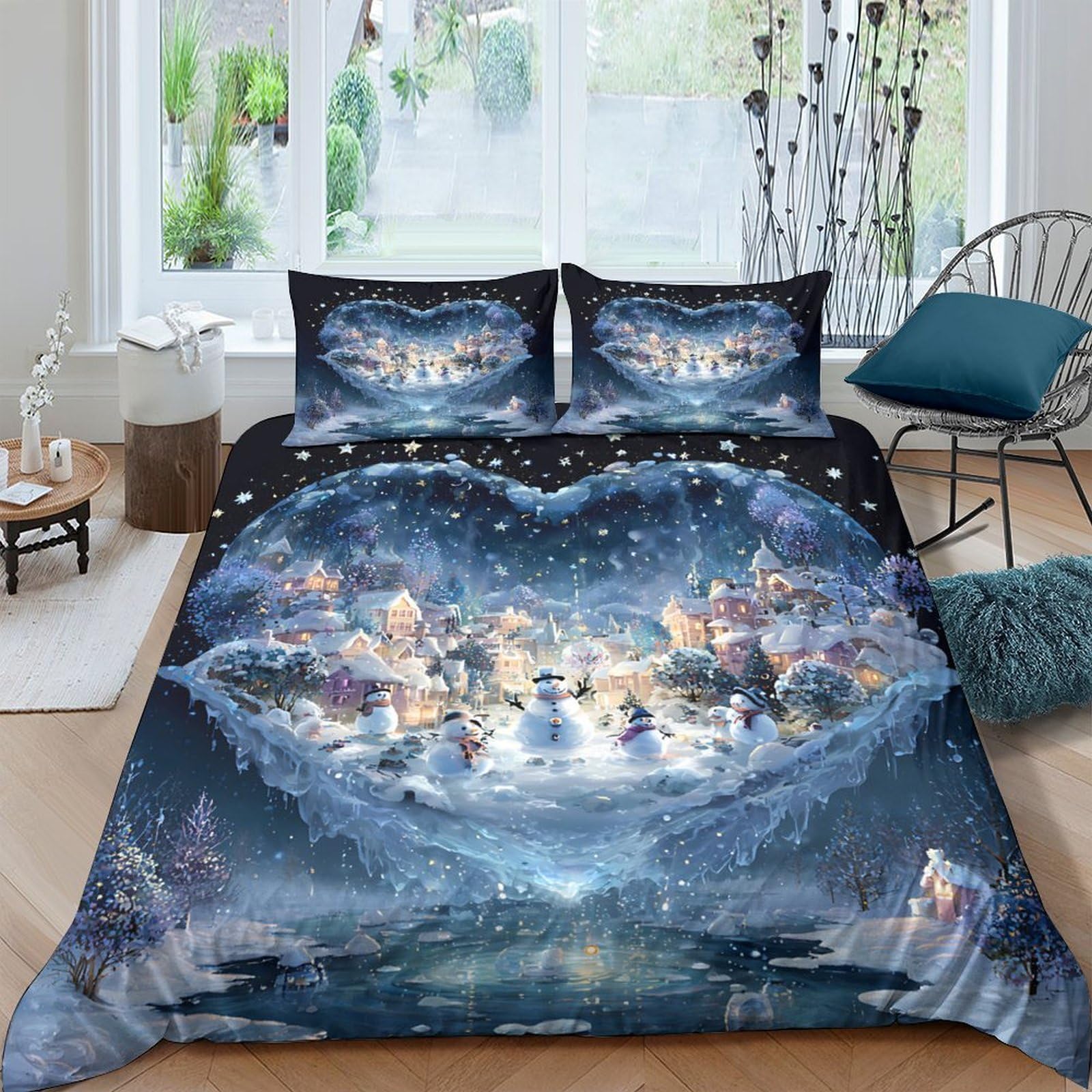 GPLZQXKJNH 3D Printed Winter Snow Village Duvet Cover Microfiber Soft Bedding Set with 2 Pillowcases for Bedroom Decor, Blue Single（135x200cm）