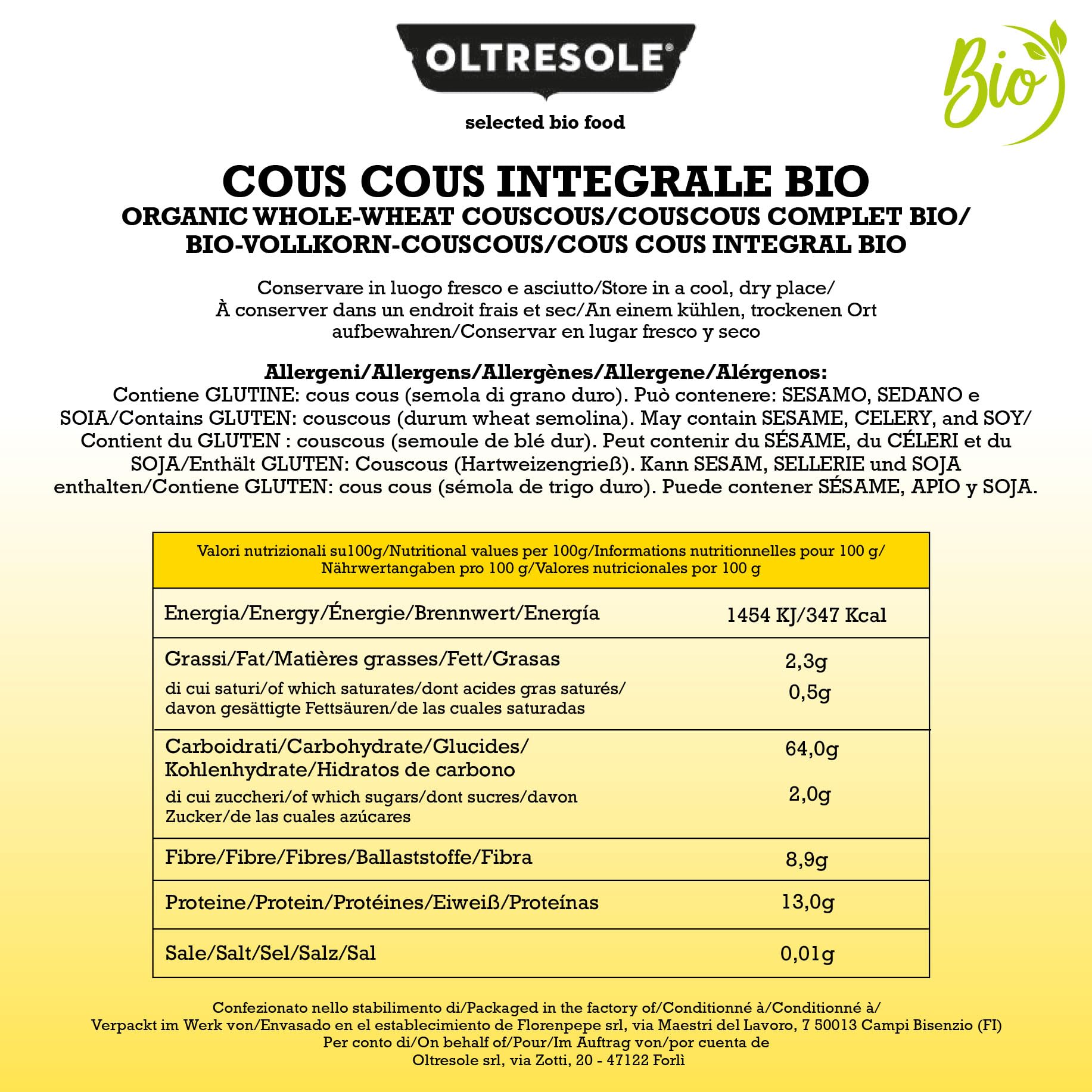 Oltresole, Cous Cous Integral Ecológico 5 kg, Harina integral de trigo duro ecológico, ideal para primeros platos y guarniciones saludables, tamaño práctico