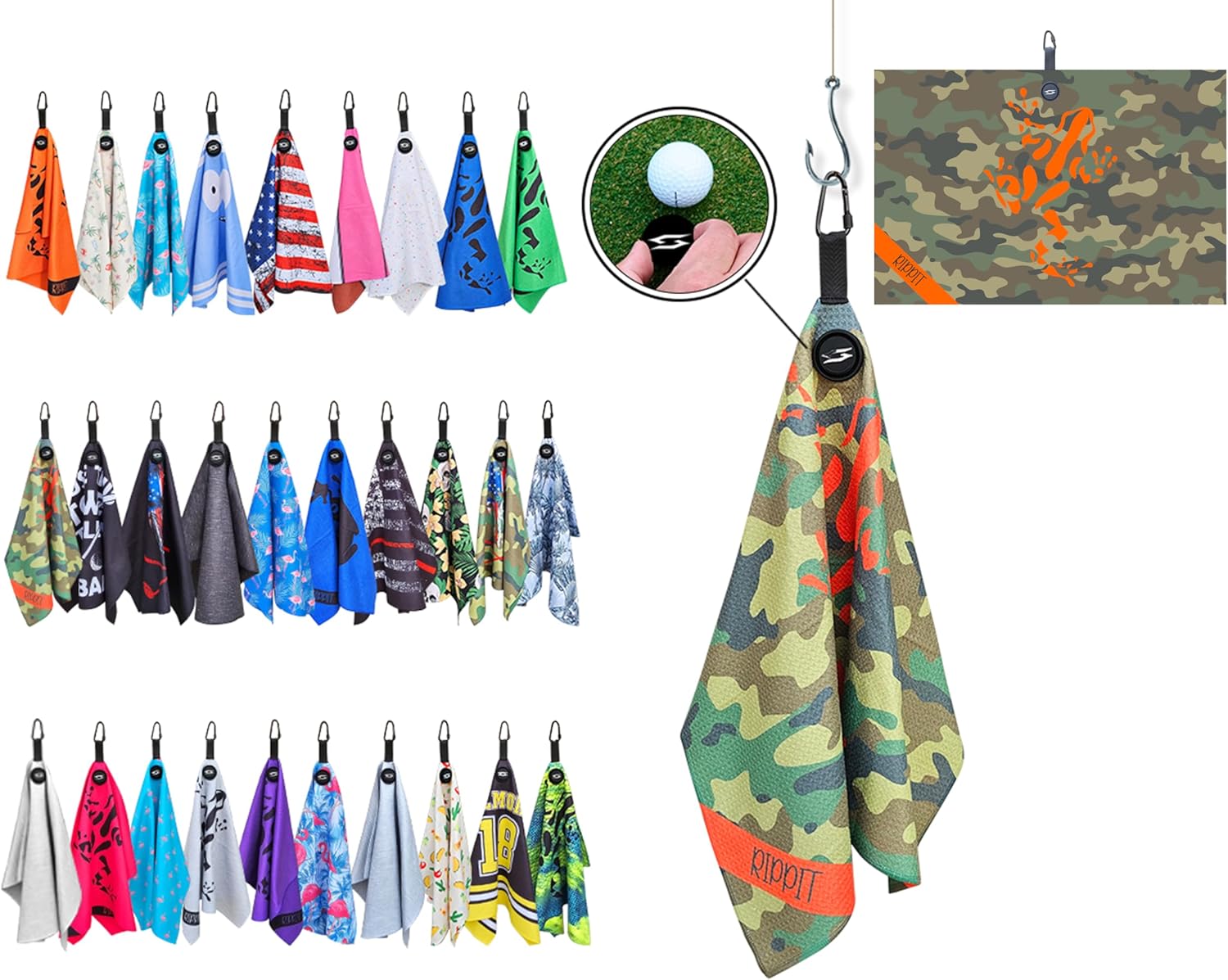 Magnetic Microfiber Waffle Golf Towel – Large 16"x24" Clean Golf Club Ball Magnet Clip to Hang on Bag Cart Strong Premium Strength Ultra Absorbent Gear Camo Men (Rippit Marine Camo)