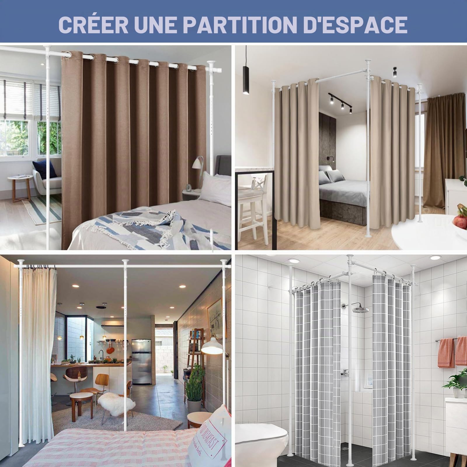 Tringle à rideaux sans perçage, 1,2 à 3 m (H) 71,1 à 289,6 cm (l) réglable et robuste – Séparateurs de pièce – Sans dommages pour cloison d'espace – Blanc