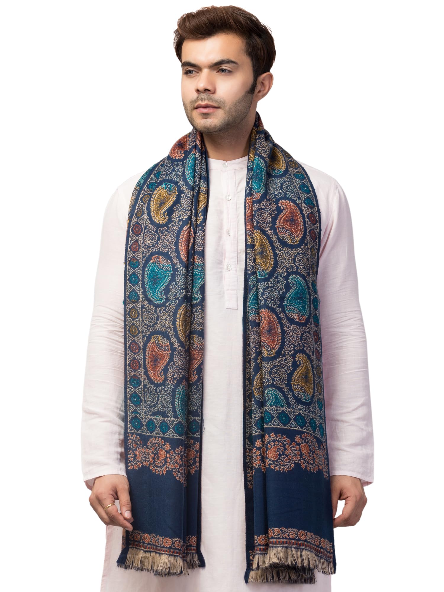 tweedle Men’s Blue Jamawar Weave Soft Woolen Shawl/Stole with Ambi Jaal Design (40 x 80 inches) 2