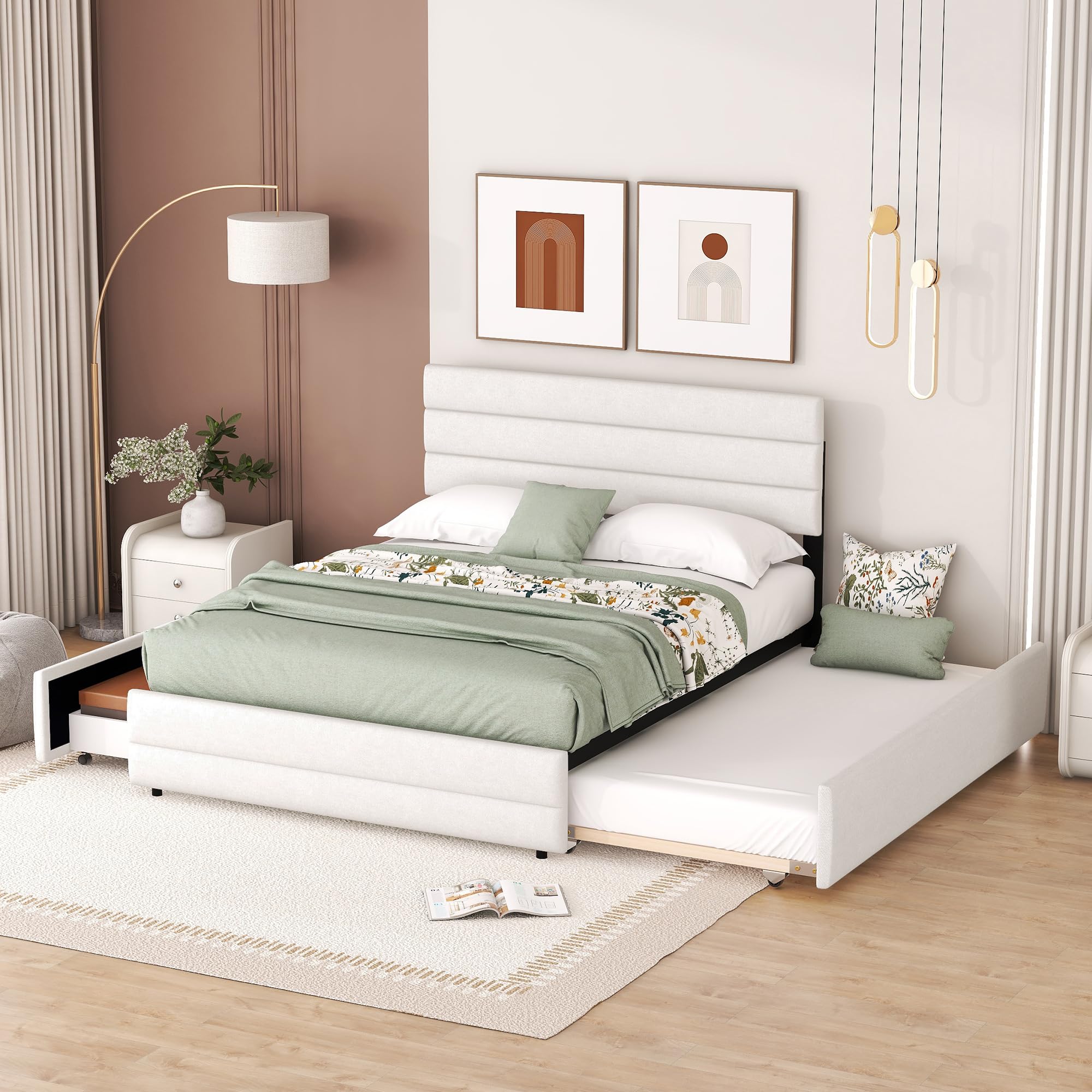 Platform Bed with Storage Machine for Two and Two Drawers, Beige, 140x200 cm