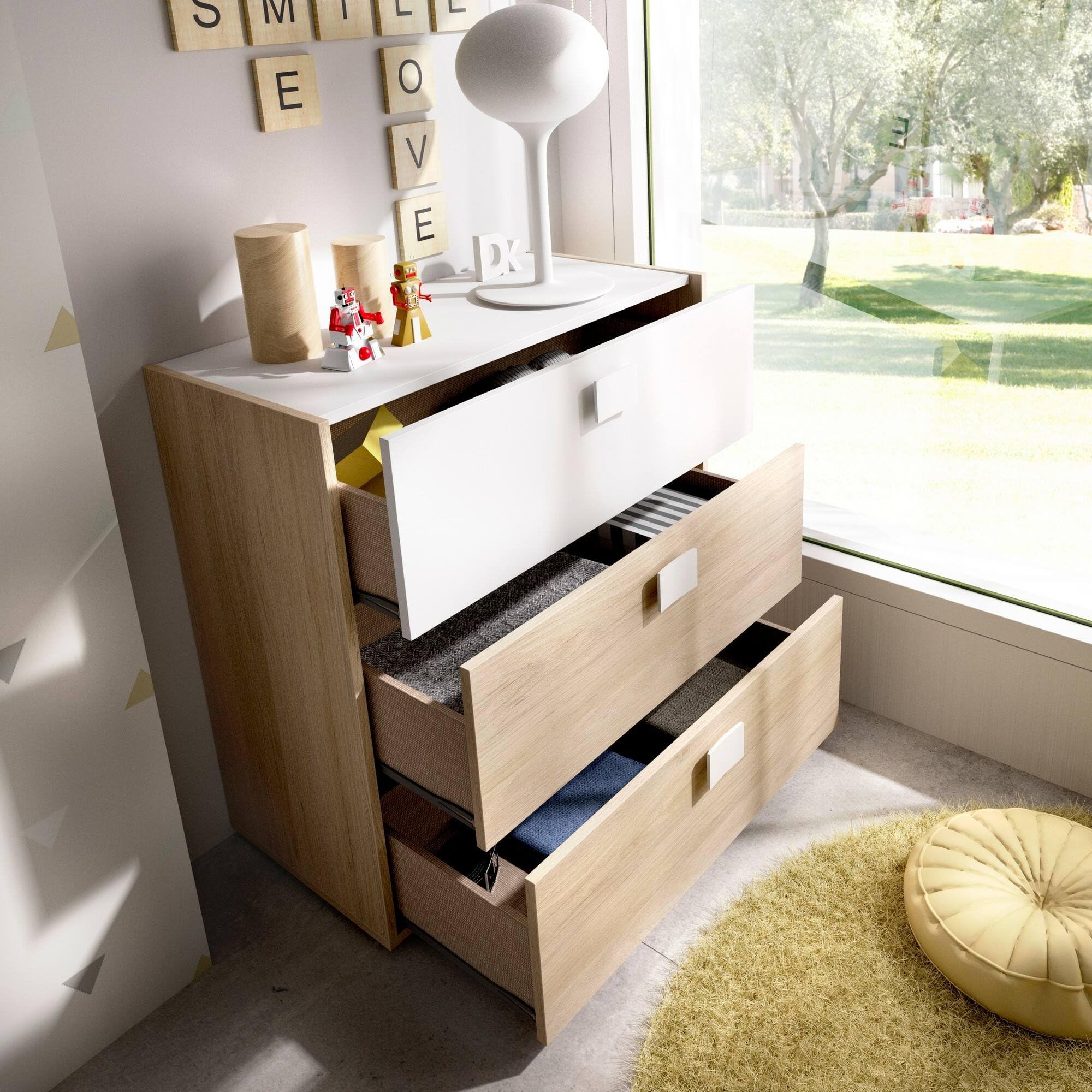 Dmora - Cassettiera Sella, Settimanale per camera da letto, Comò con 3 cassetti, 80x43h81 cm, Rovere e Bianco