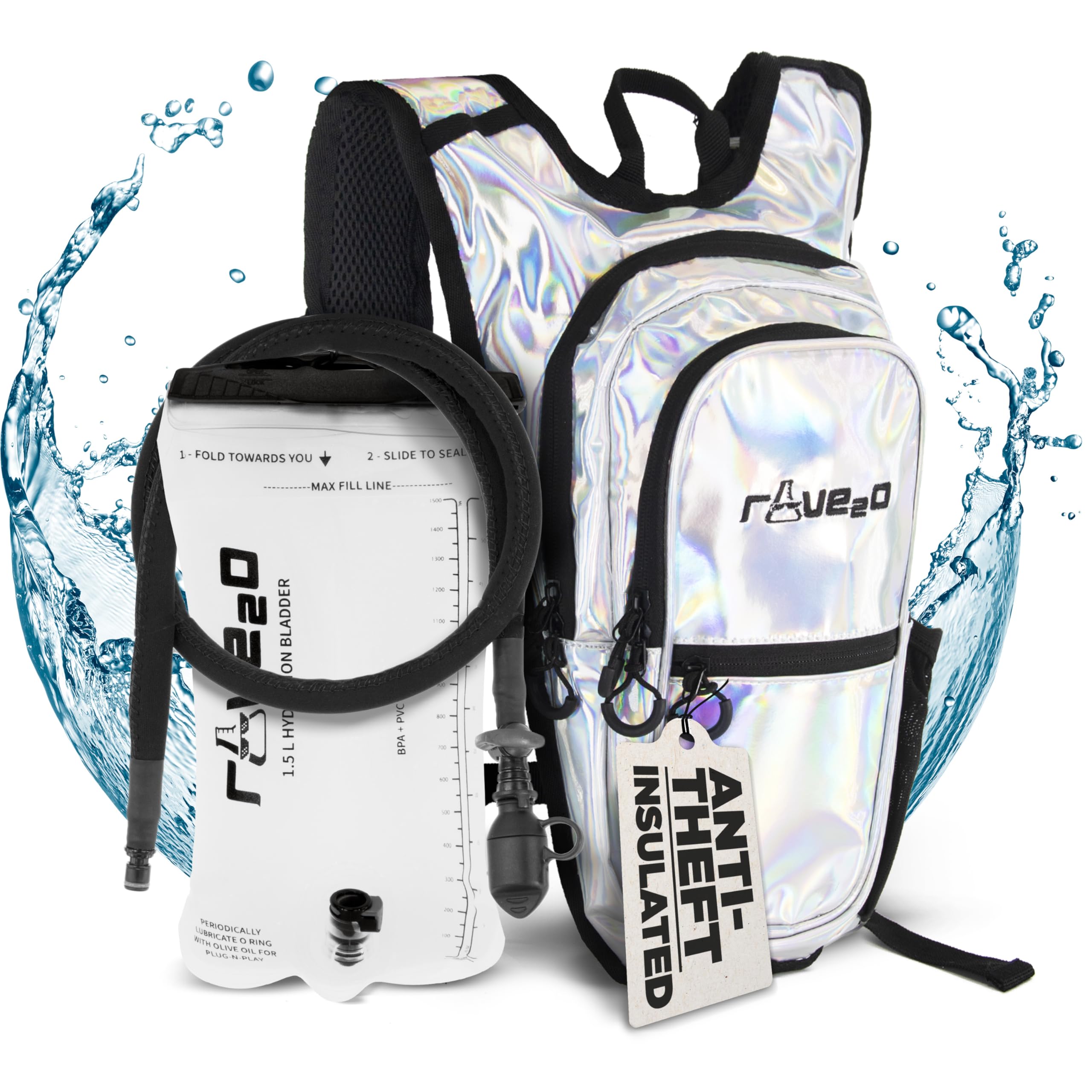 Rave2o Rave Hydration Backpack – Anti-Theft Festival Hydration Pack with 1.5L Leakproof TPU Bladder Slim Insulated Water Pack Secret Pockets & Breathable – Raves Music Festivals