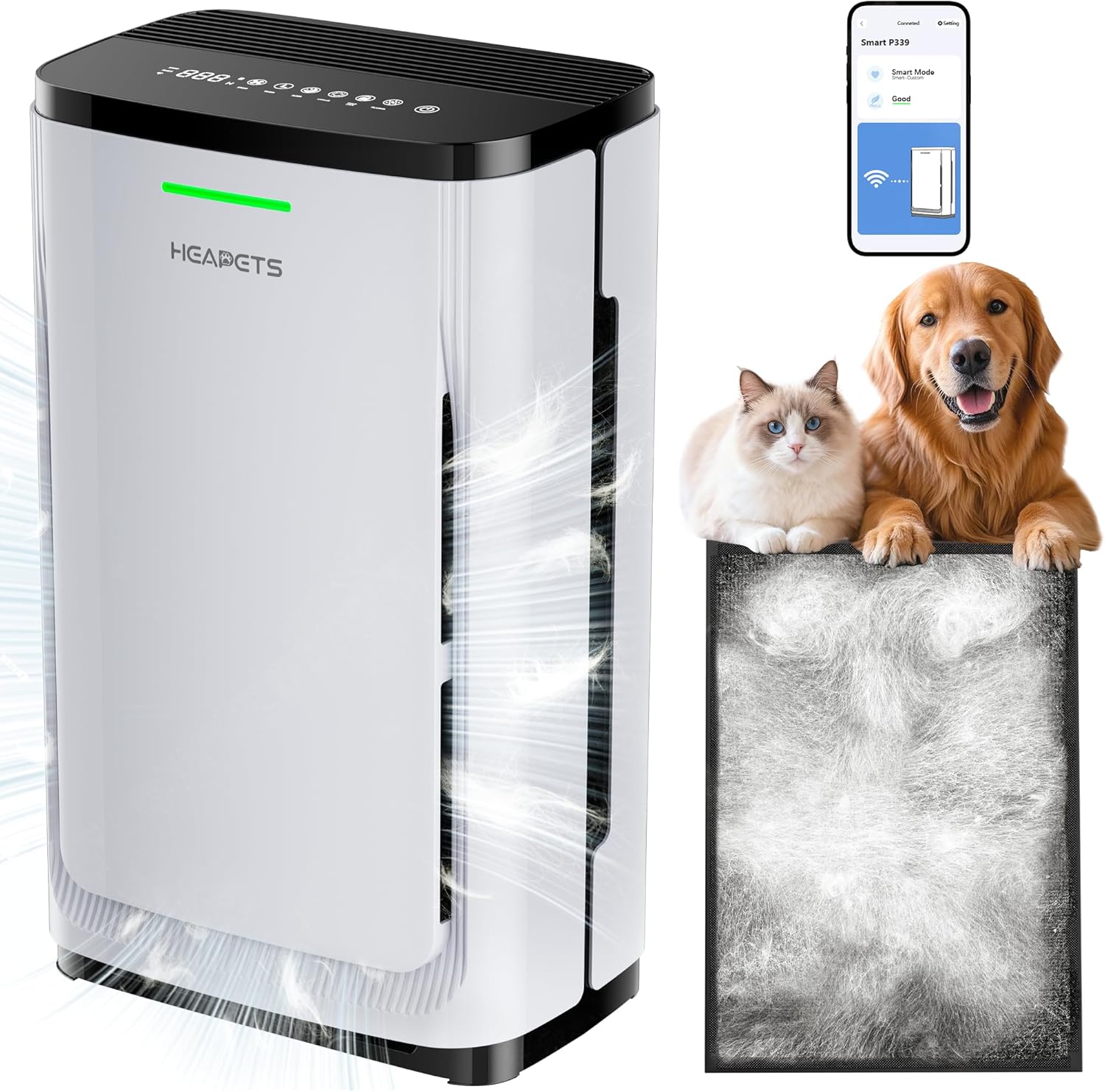 Large Pet Air Purifier for Home up to 4200 sq ft, Suck up Floating Cat Dog Hair, 7-Stage Filter, Anion Activated Carbon HEPA Air Purifiers for Dander Odor Allergies Pollutant Smoke Dust, Zero Ozone P339-White