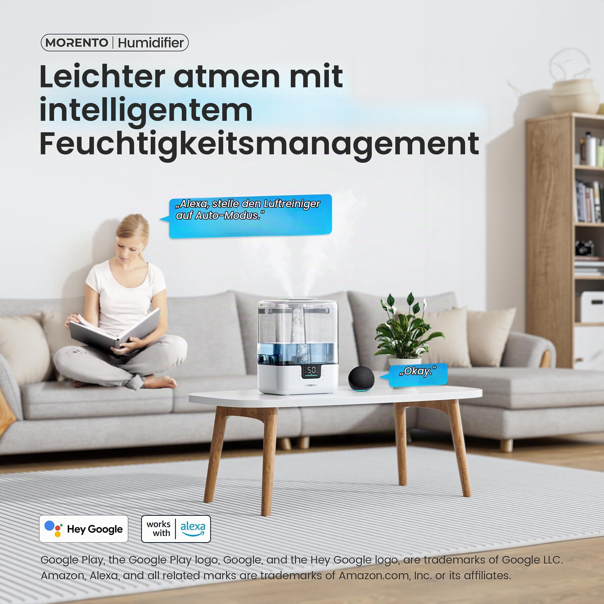 MERONTE Smart-Luftbefeuchter für Schlafzimmer, großes Zimmer, Zuhause, 6 l, Luftbefeuchter mit Diffusor für ätherische Öle, intelligente App und Sprachsteuerung, für Kinderzimmer und Pflanzen, Weiß, 1