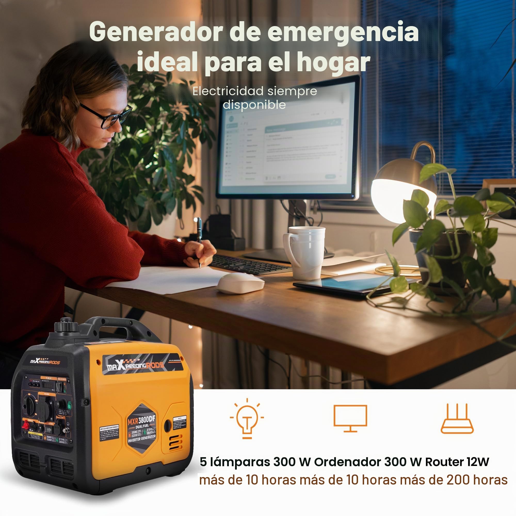 maXpeedingrods Generador de corriente de 3500 W LPG/Gasolina Inverter Gas Silencioso Generador de Energía Doble Fuel con enchufe de 230 V/16 A; 2 puertos USB para camping, garaje, viajes al aire libre