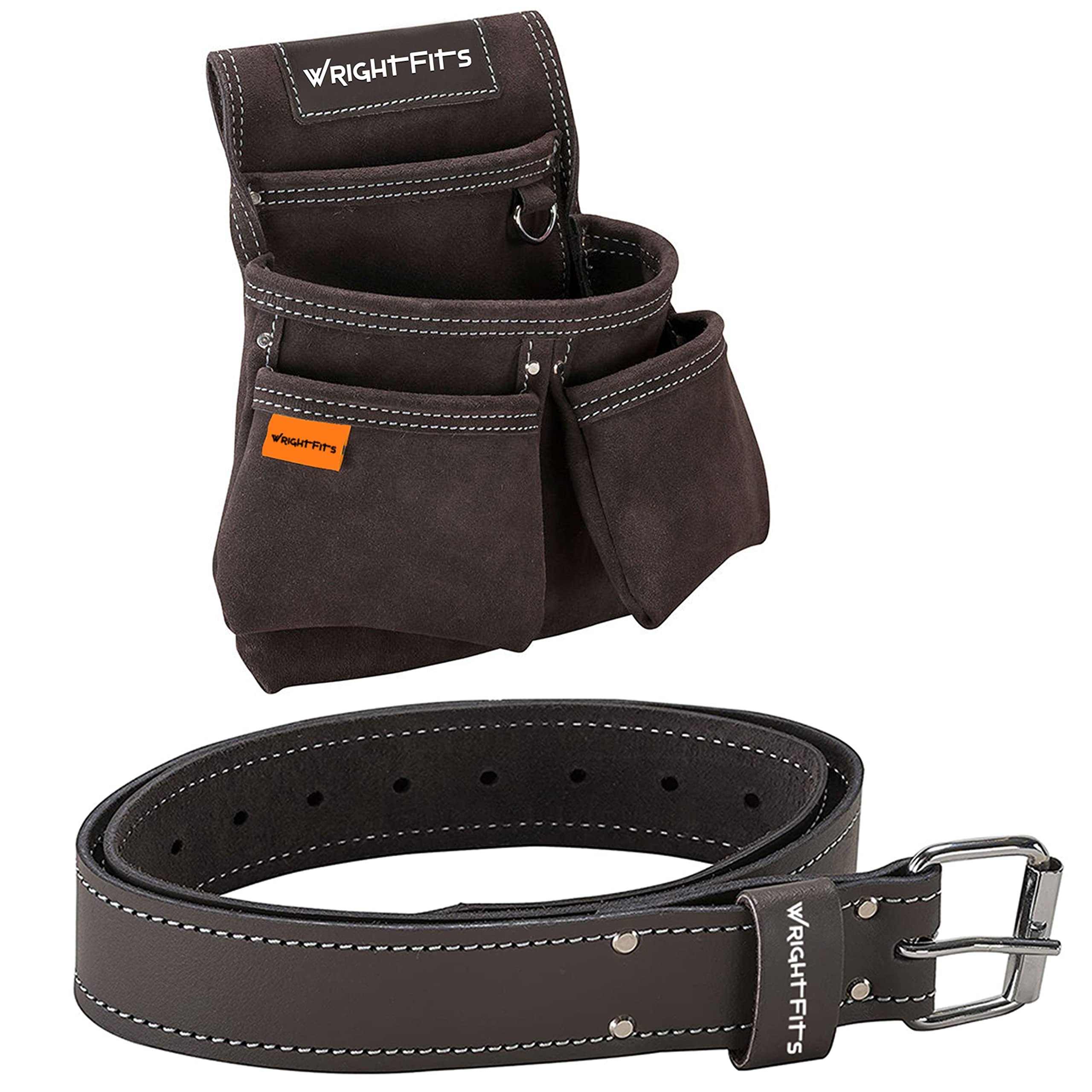 WrightFits Leather Double Nail Pocket For work - Tool Organiser Pouch With Supporting Belt (2 in 1) | for Builders, Carpenters, Gardeners, Electricians