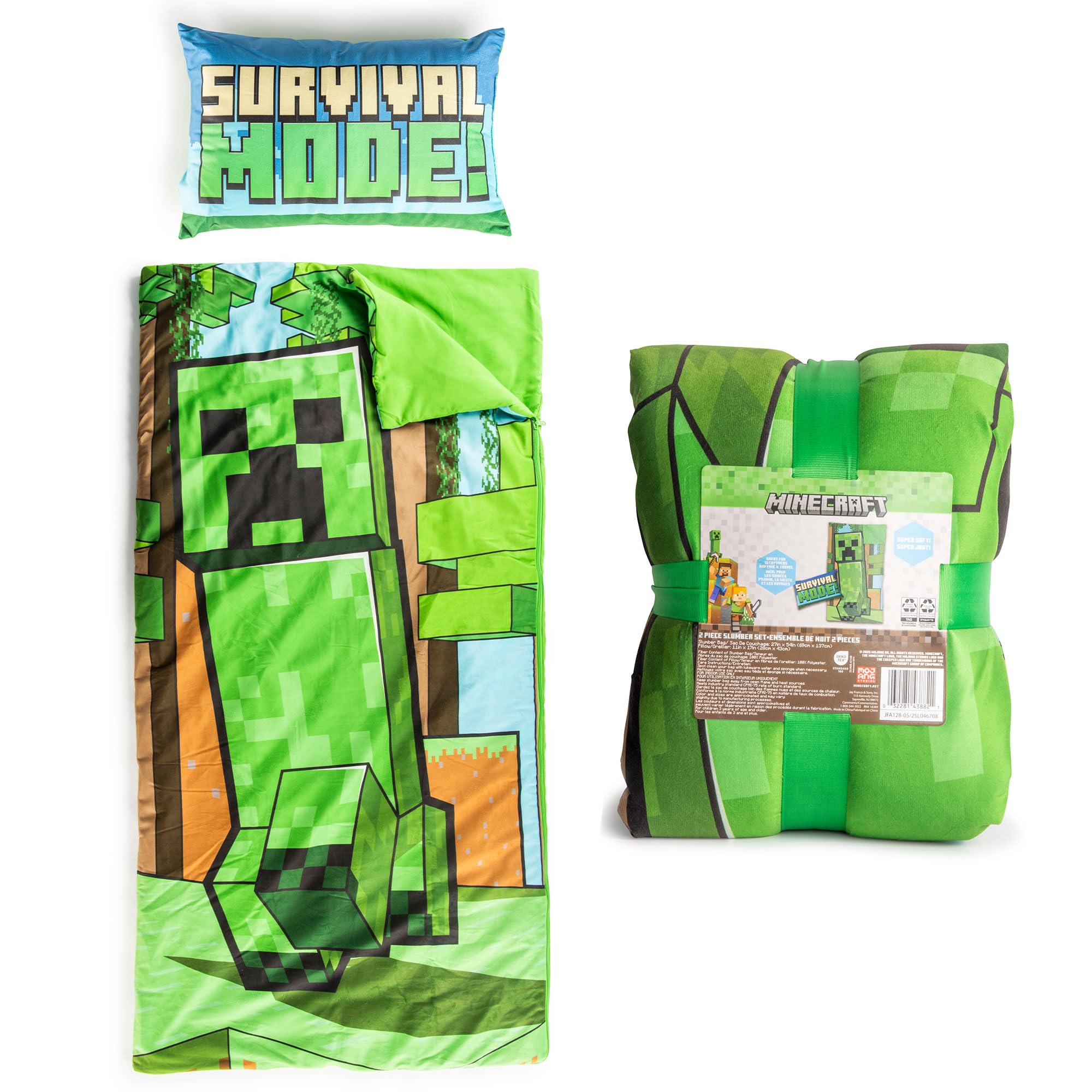Jay Franco Kids Slumber Bag and Pillow - 54 x 27 Inch Comfy Indoor Sleeping Bag for School and Sleepovers, 2 Piece Set, Green - Minecraft