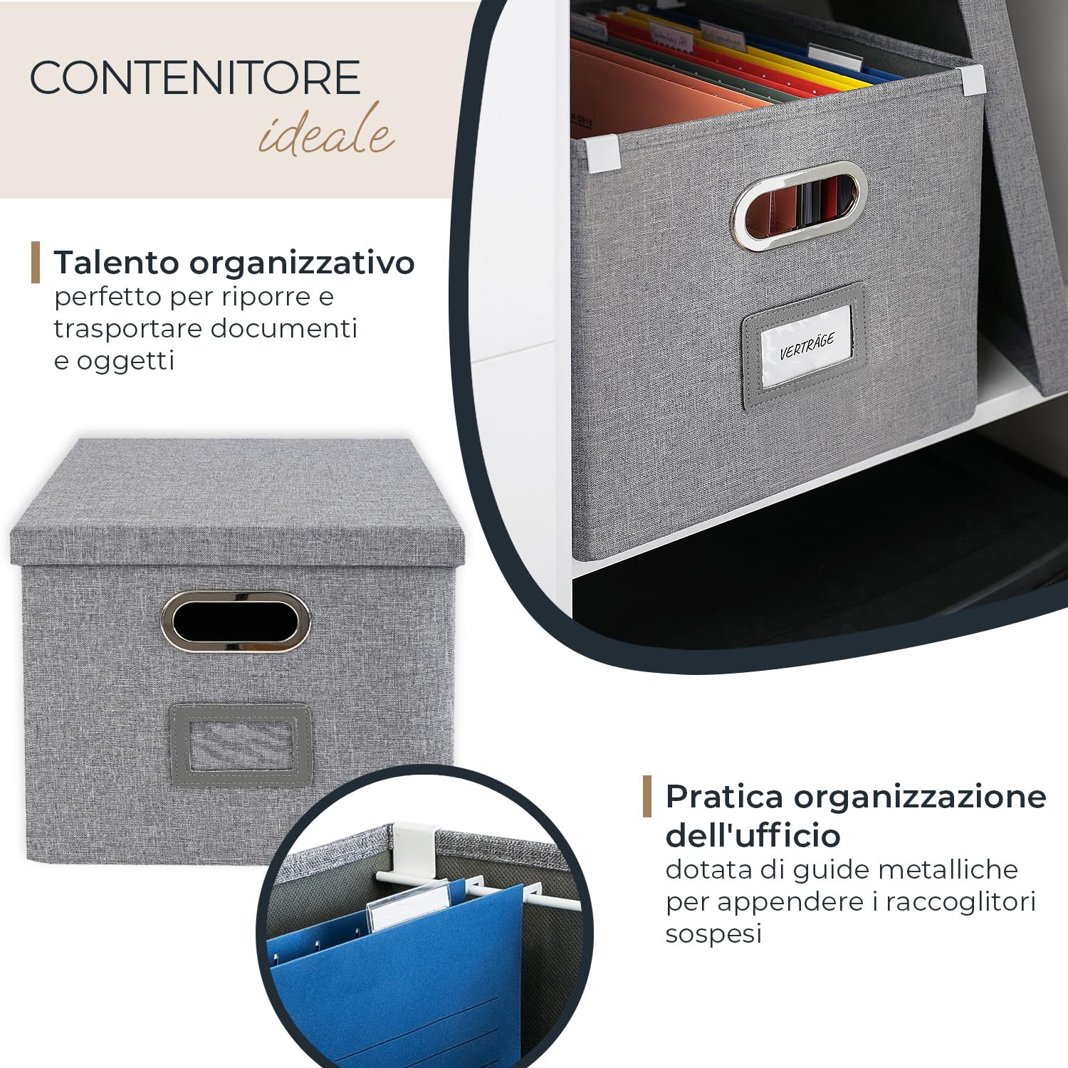 HMF scatola porta oggetti con coperchio per cartelle sospese DIN A4 | adatta per Kallax | 33 x 37,5 x 28 cm | grigia