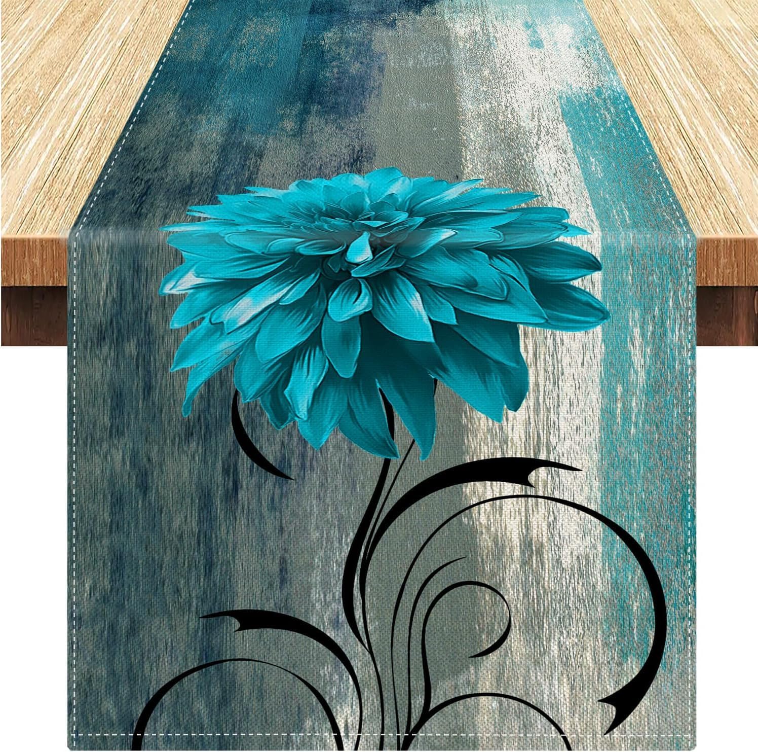 Serento Table Runner Modern Spring Teal and Grey Flowers Table Runner