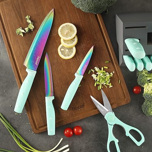 Miniatura 6 de hecef Juego de cuchillos de 14 piezas con bloque juego de cuchillos de titanio arcoíris con patrón láser juego de cuchillos de chef de acero