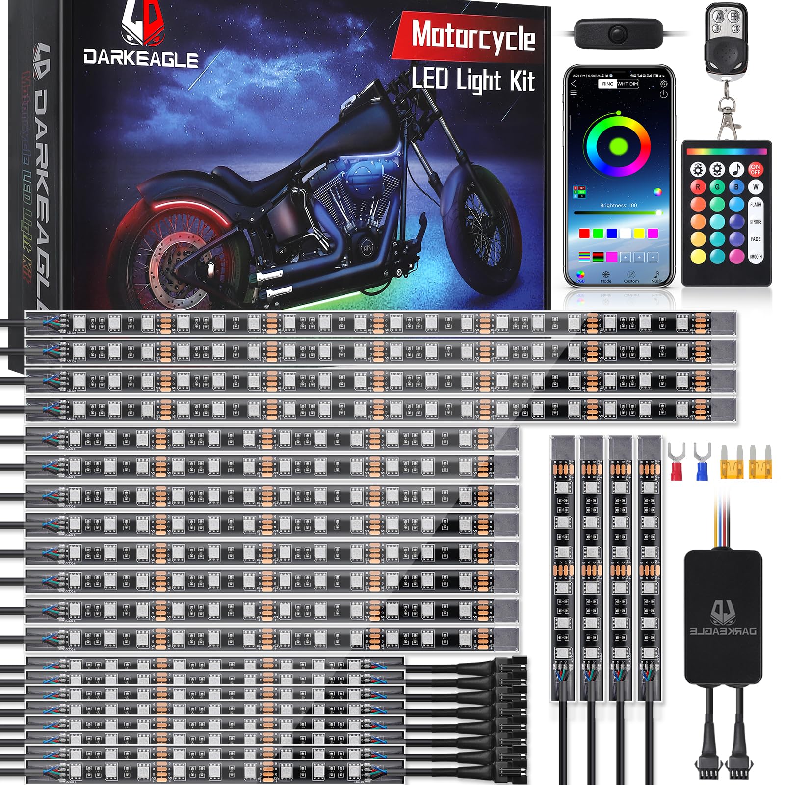 24Pcs Motorcycle LED Light Kit with Brake Light Turn Signal, Motorcycle Underglow Lights with APP/RF Remote Control, Dual Zone RGB Neon Strips Multicolor Waterproof for Harley Honda Kawasaki Yamaha