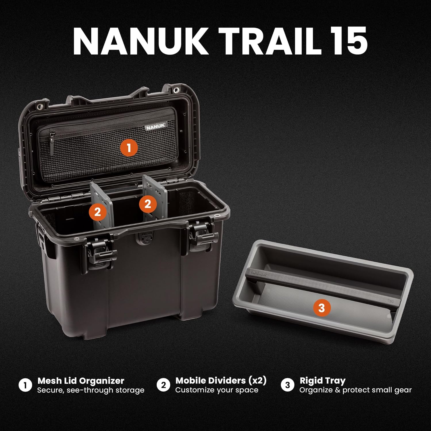 NANUK Trail 15 – 15.9L (4.2-Gallon) Waterproof Storage Box – Cargo Case with Modular Dividers for Camping, Fishing & Outdoor Storage - Dustproof and Impact Resistant (12.9” x 9.7” x 10.3”) – Black