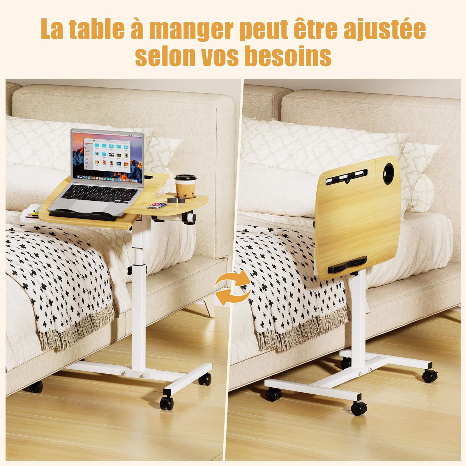 Table de Lit Roulette, 60 x 40 cm, Tablette Médicale Réglable, Table d'Appoint de Lit à Tiroir, Support Souris Séparé, 360° Bureau D'ordinateur Levage Rotatif 60x40x59-89cm