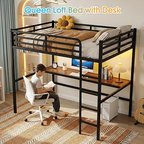 Miniatura 7 de Cama alta tamaño Queen con escritorio, marco de cama alta de metal con carga USB y luces LED, cama alta resistente que ahorra espacio para niños,